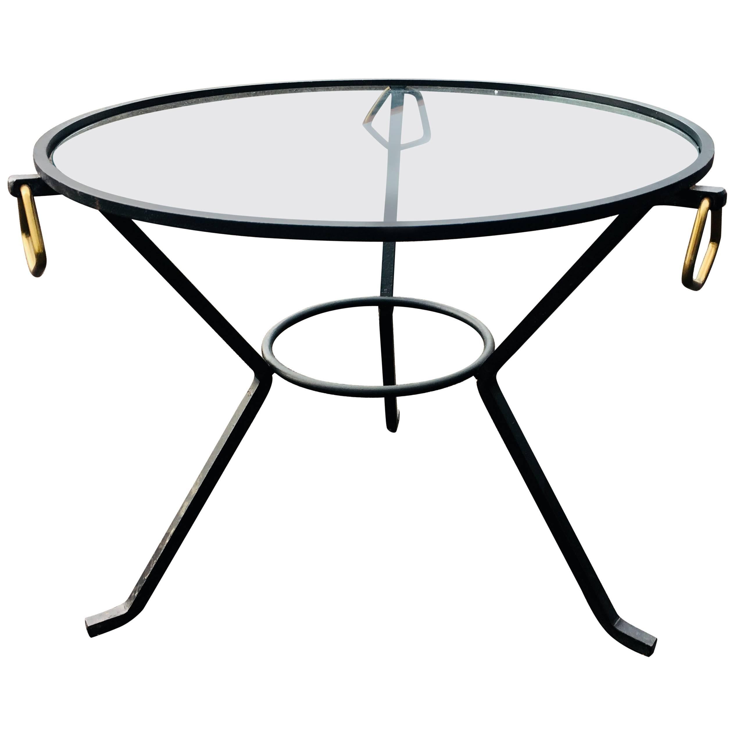 Glass and Metal Round Coffee Table in the Manner of Jacques Adnet