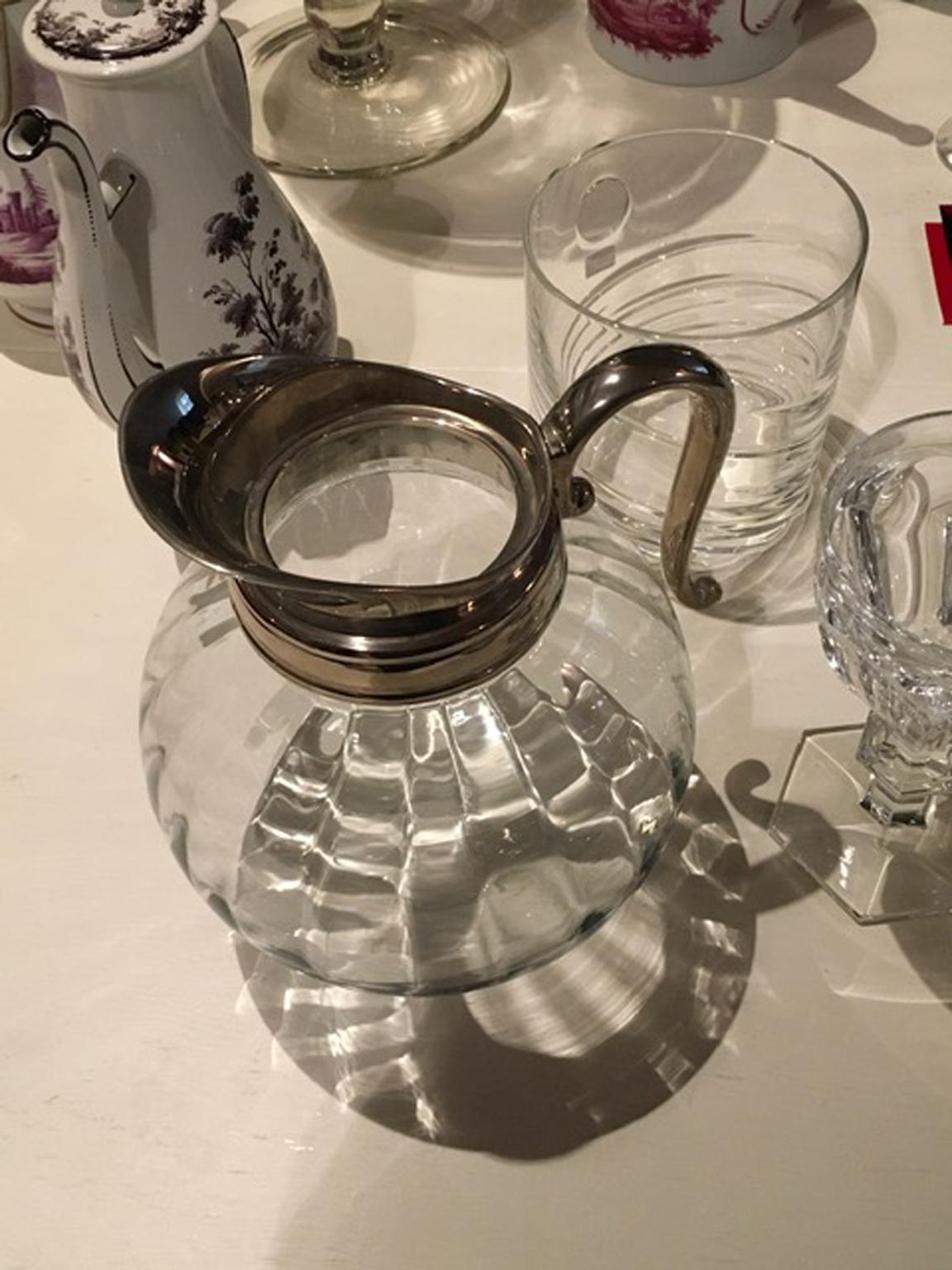 French Glass and Metal Silver Plate Water Carafe For Sale