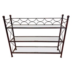 Glass and Metal Three Tiered Etagere Etegere Shelves Library Console Cabinet