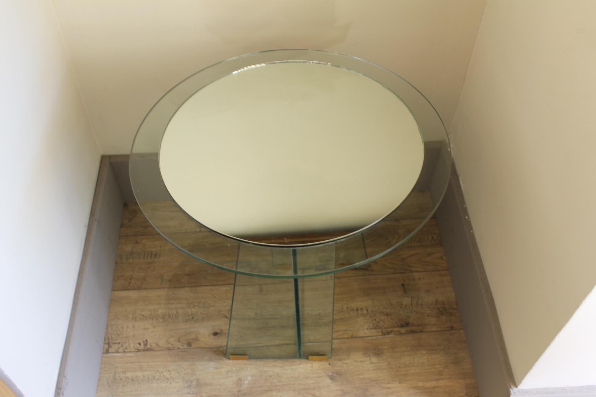Table asymétrique avec piédestal en verre et miroir, style Fontana Arte, 1970 en vente 2