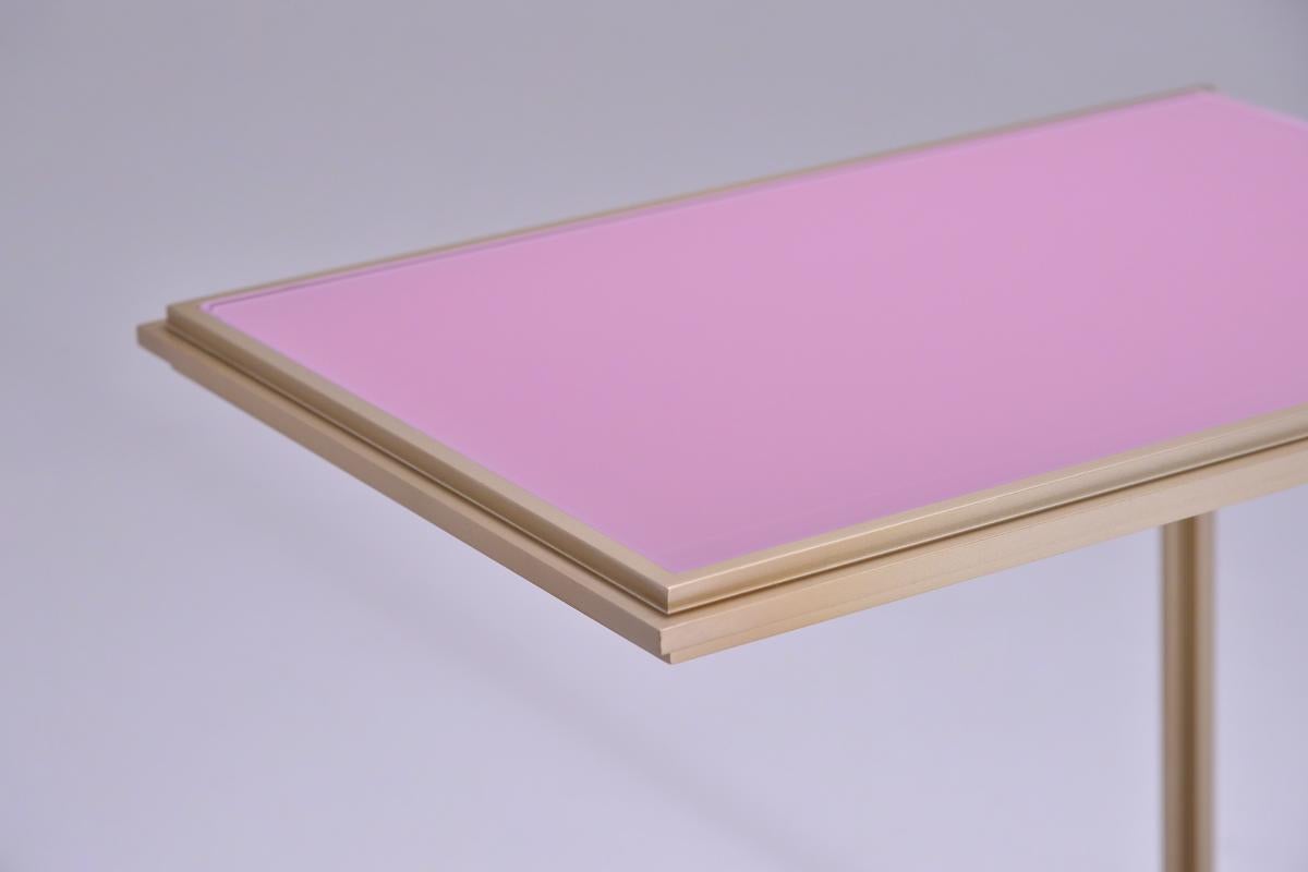Model: PT5
Frame material: Brass
Frame finish: Golden sand
Top: Tempered glass
Top finish: Lotus Pink
Dimensions: 33 x 47.5 x high 46.5 cm
(W x D x H): 13 x 18.7 x high 18.4 cm

We made this table for a client in Malaga, Spain to use