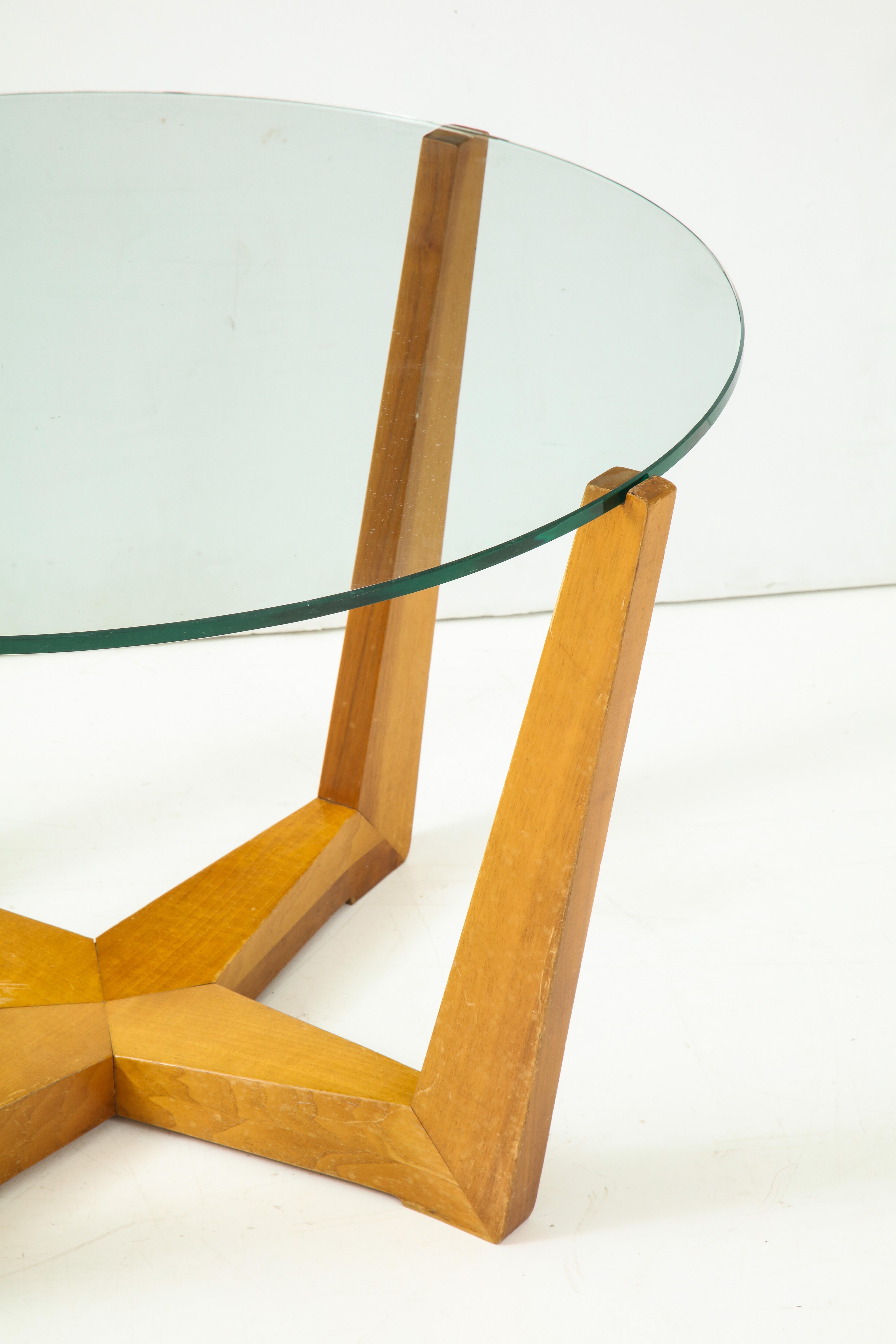 Coffee table, with glass top and oak base.