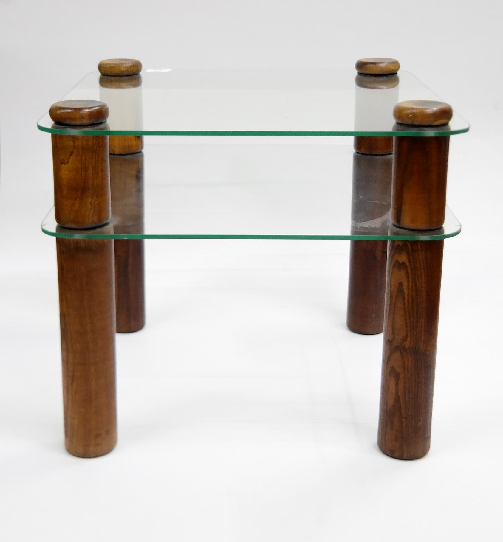 Glass and oak side table from the 1980s with glass shelf, thick glass. In good condition.