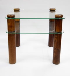 Glass and Oak Side Table with Shelf, 1980s