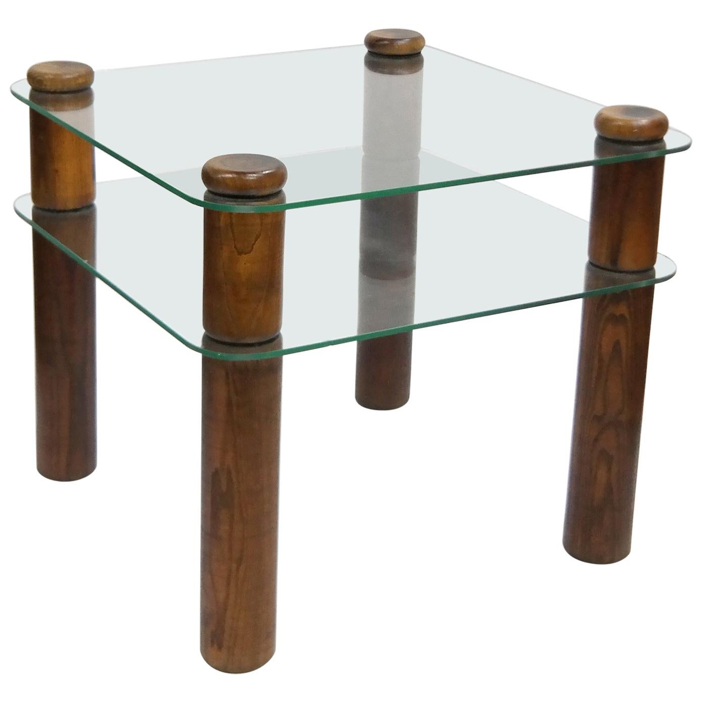 Glass and Oak Side Table with Shelf, 1980s