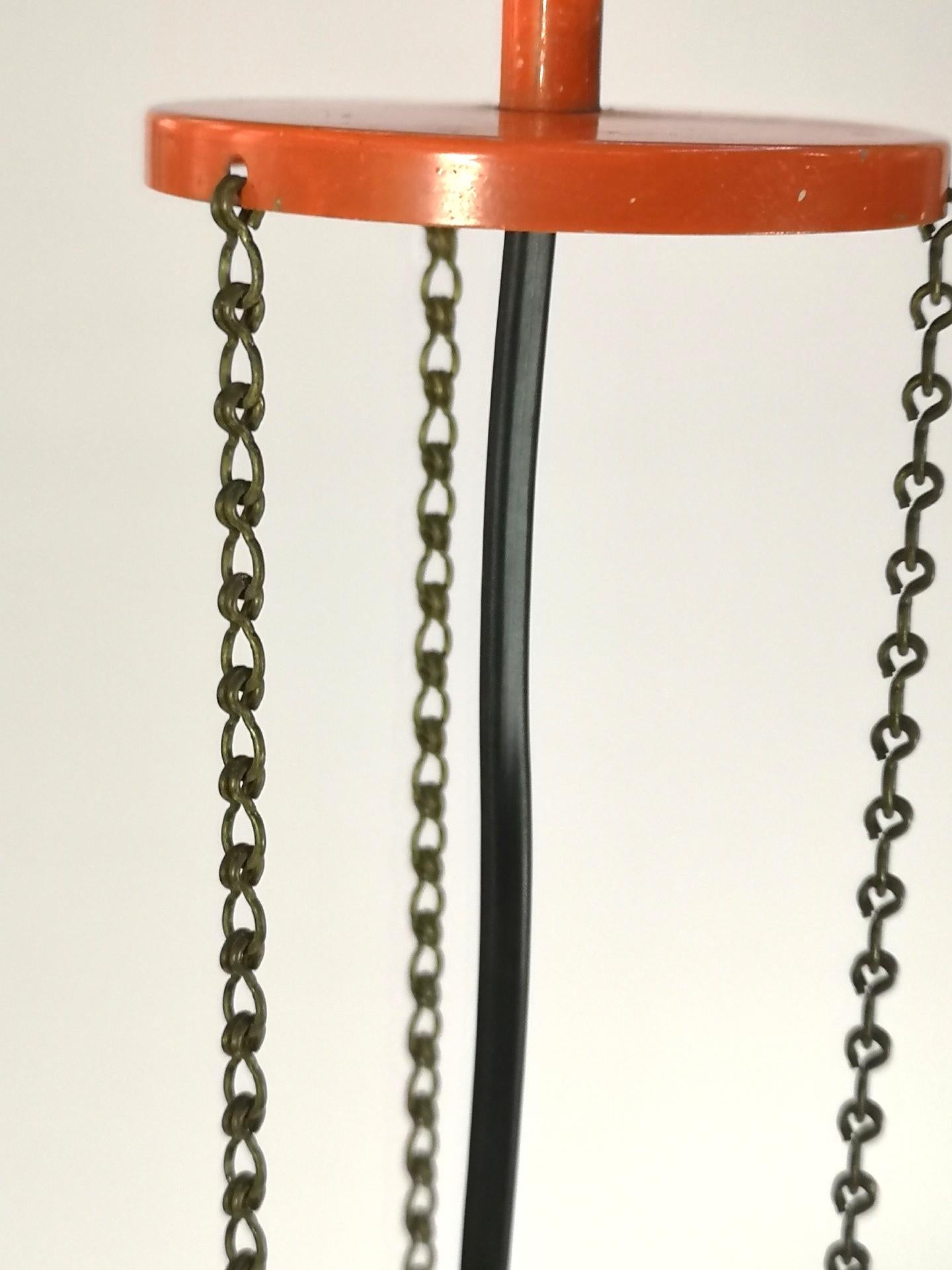 Mid-Century Modern Mid-Century Glass and Red Steel Adjustable Height Pendant Light, 1960's For Sale