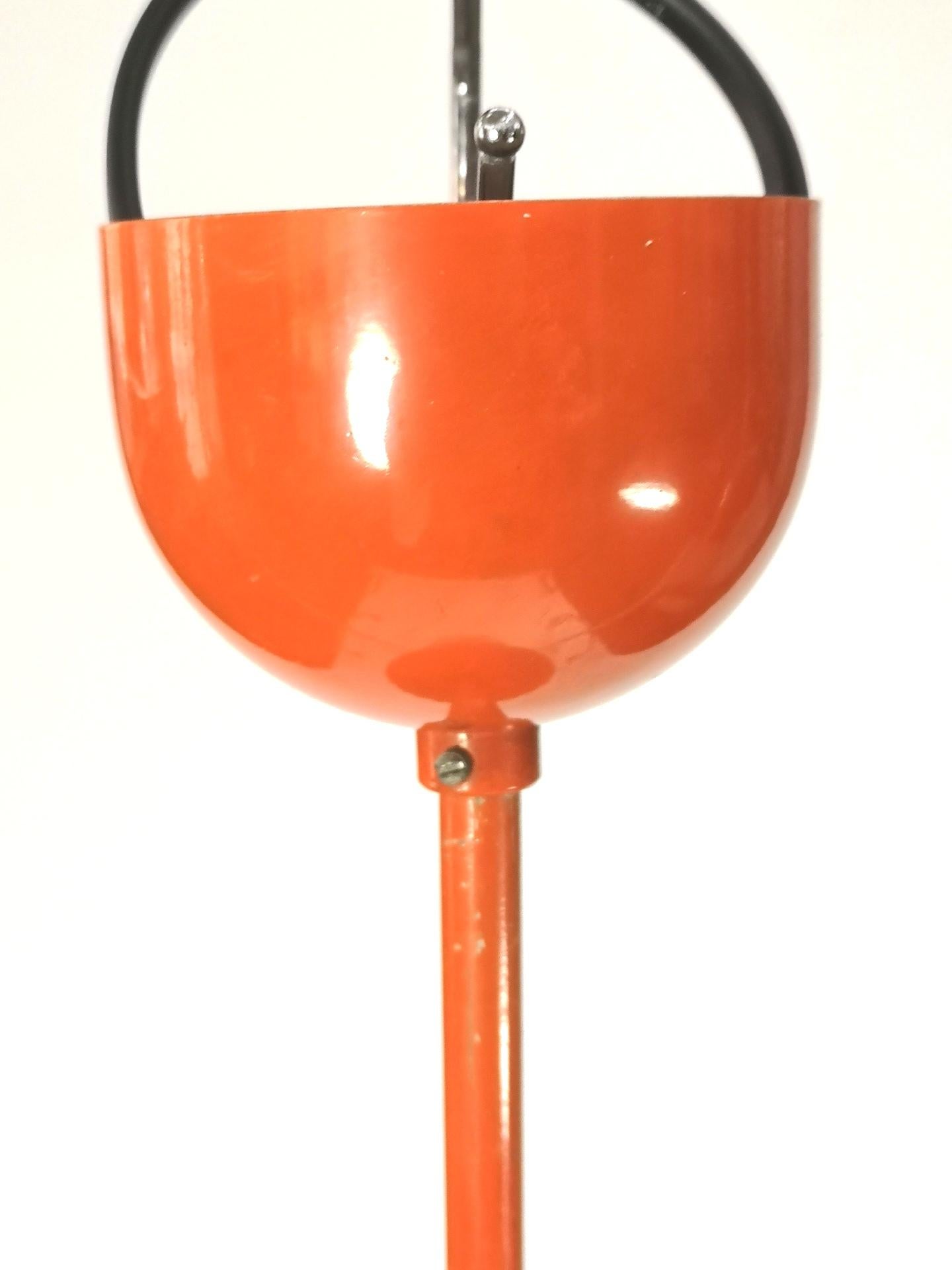 European Mid-Century Glass and Red Steel Adjustable Height Pendant Light, 1960's For Sale