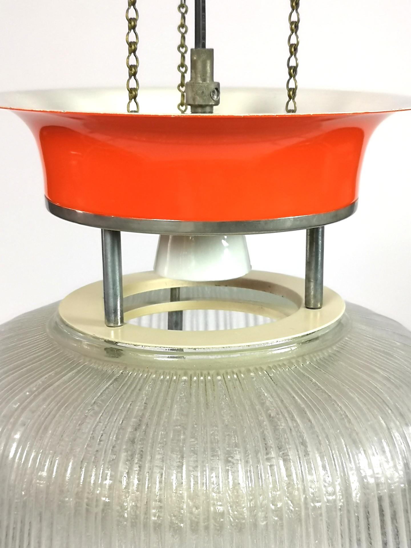 Late 20th Century Mid-Century Glass and Red Steel Adjustable Height Pendant Light, 1960's For Sale