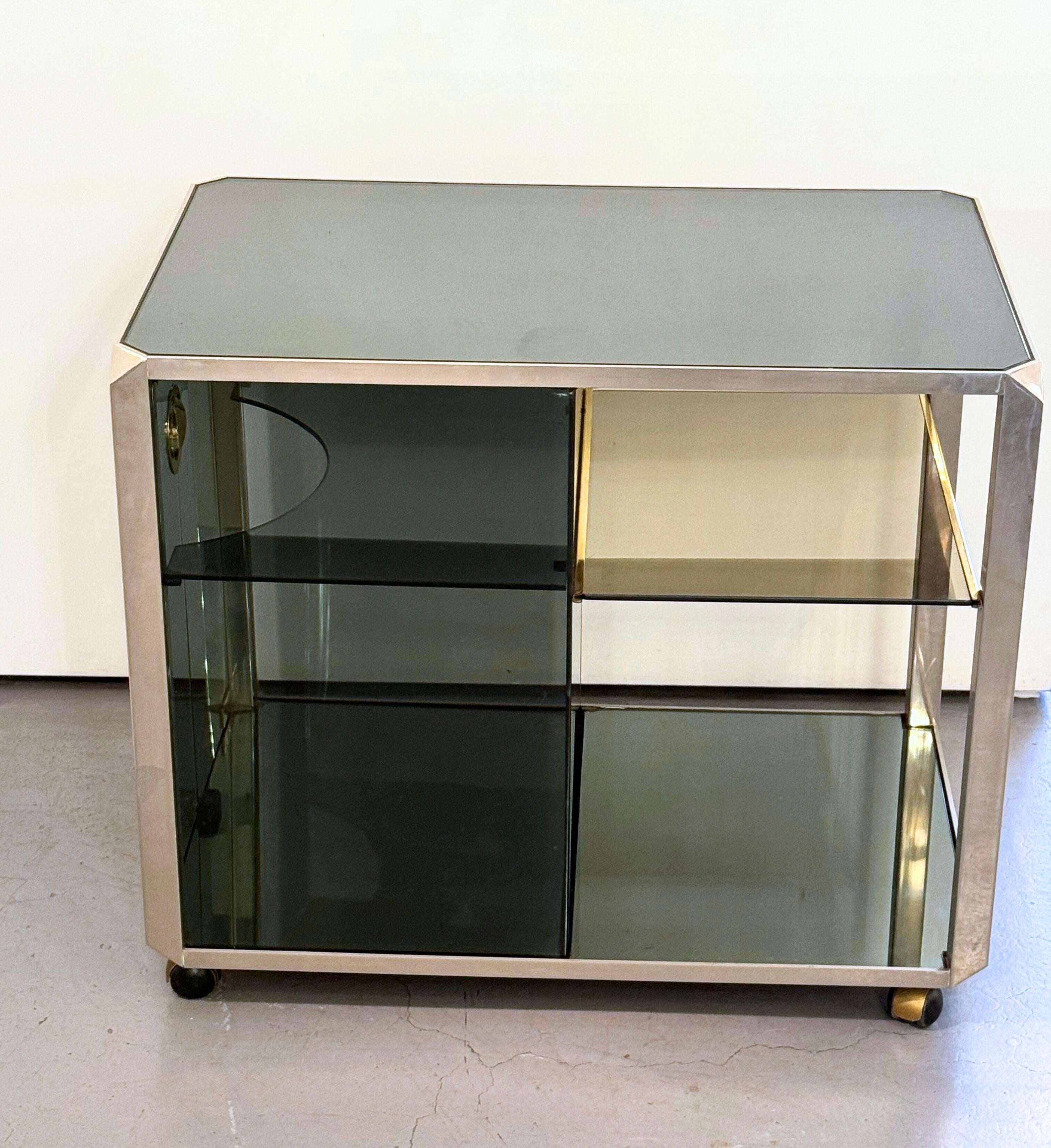 Glass and Polished Steel Bar Cart Cabinet by Willy Rizzo for Mario Sabot 3