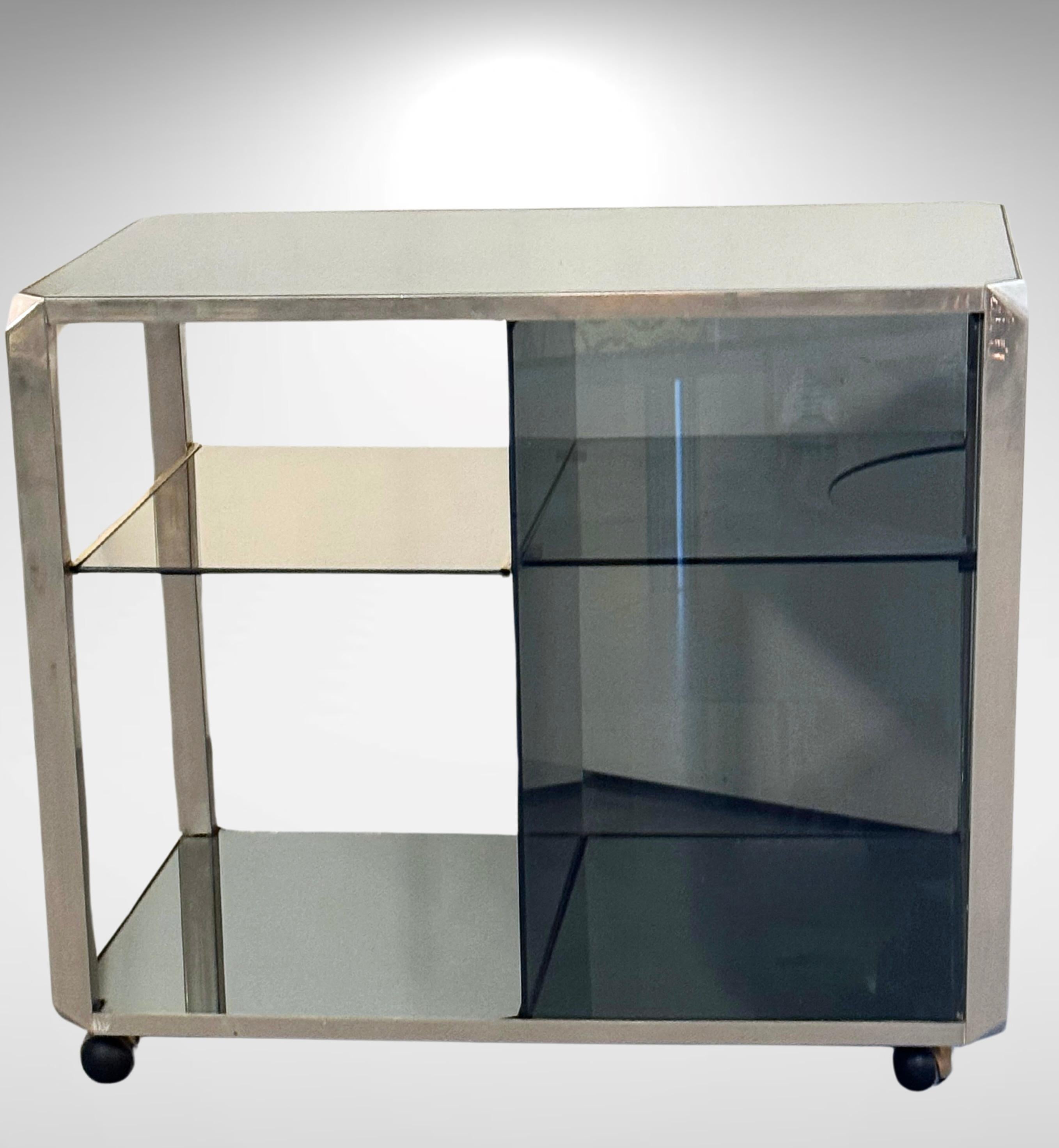 Glass and Polished Steel Bar Cart Cabinet by Willy Rizzo for Mario Sabot 4