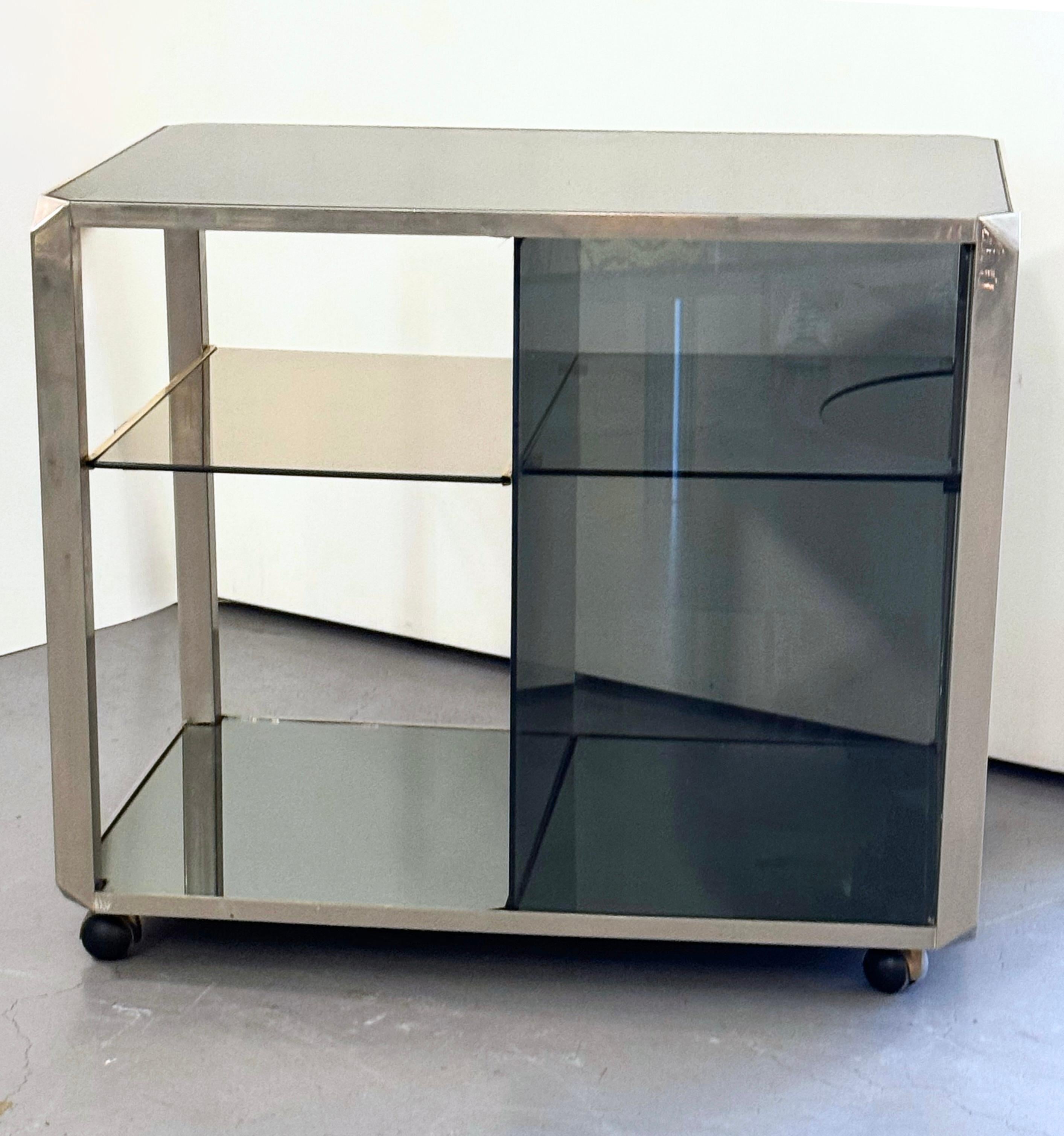 Glass and Polished Steel Bar Cart Cabinet by Willy Rizzo for Mario Sabot 5