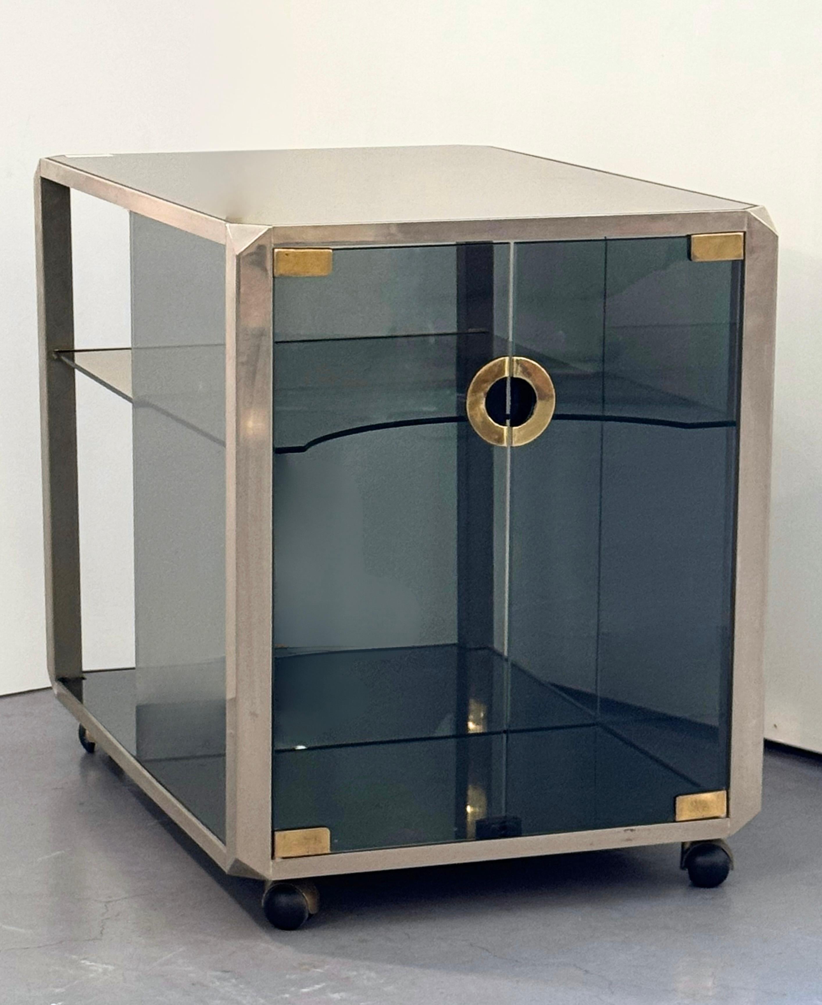 Glass and Polished Steel Bar Cart Cabinet by Willy Rizzo for Mario Sabot 6