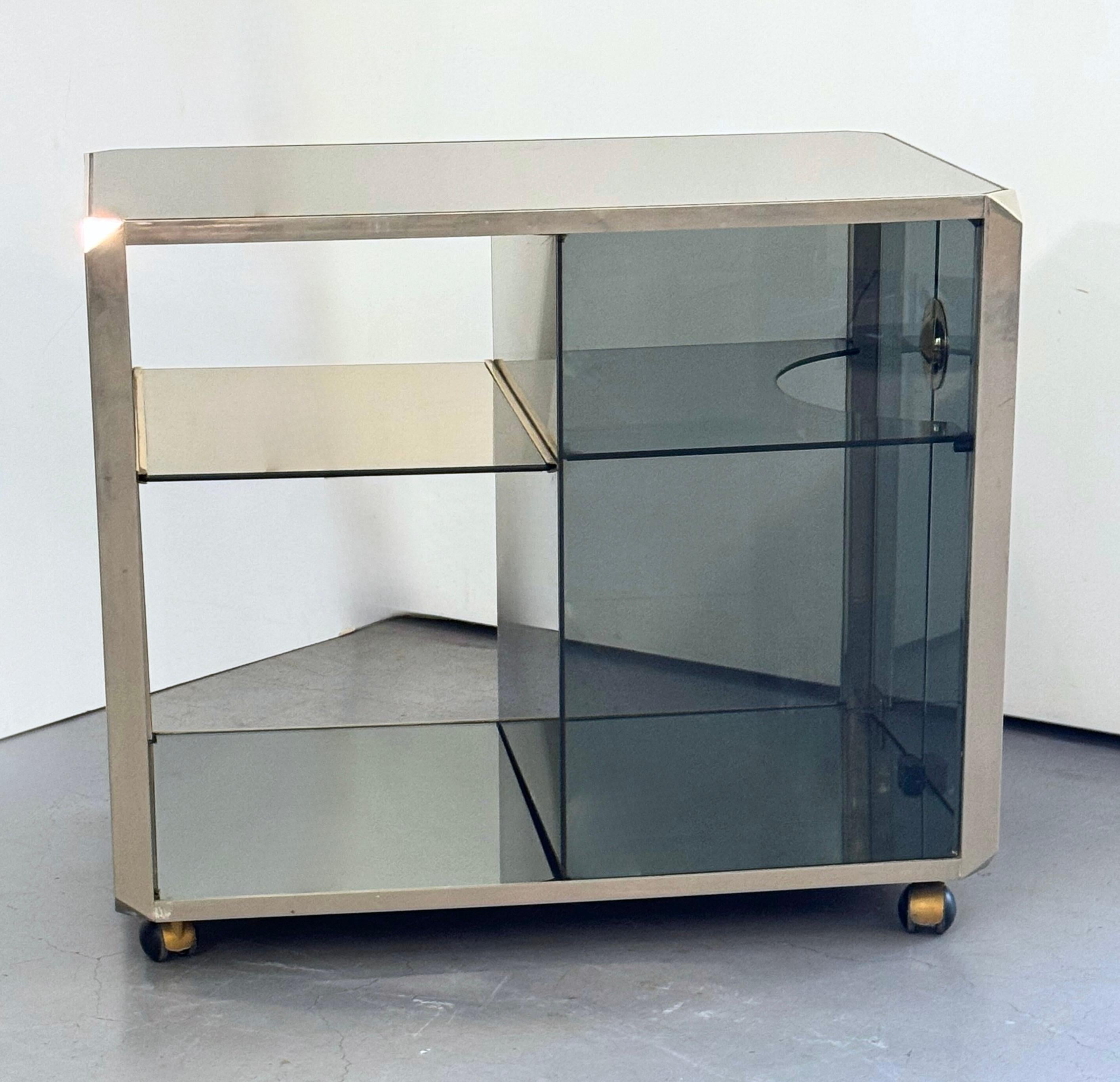 Mid-Century Modern Glass and Polished Steel Bar Cart Cabinet by Willy Rizzo for Mario Sabot