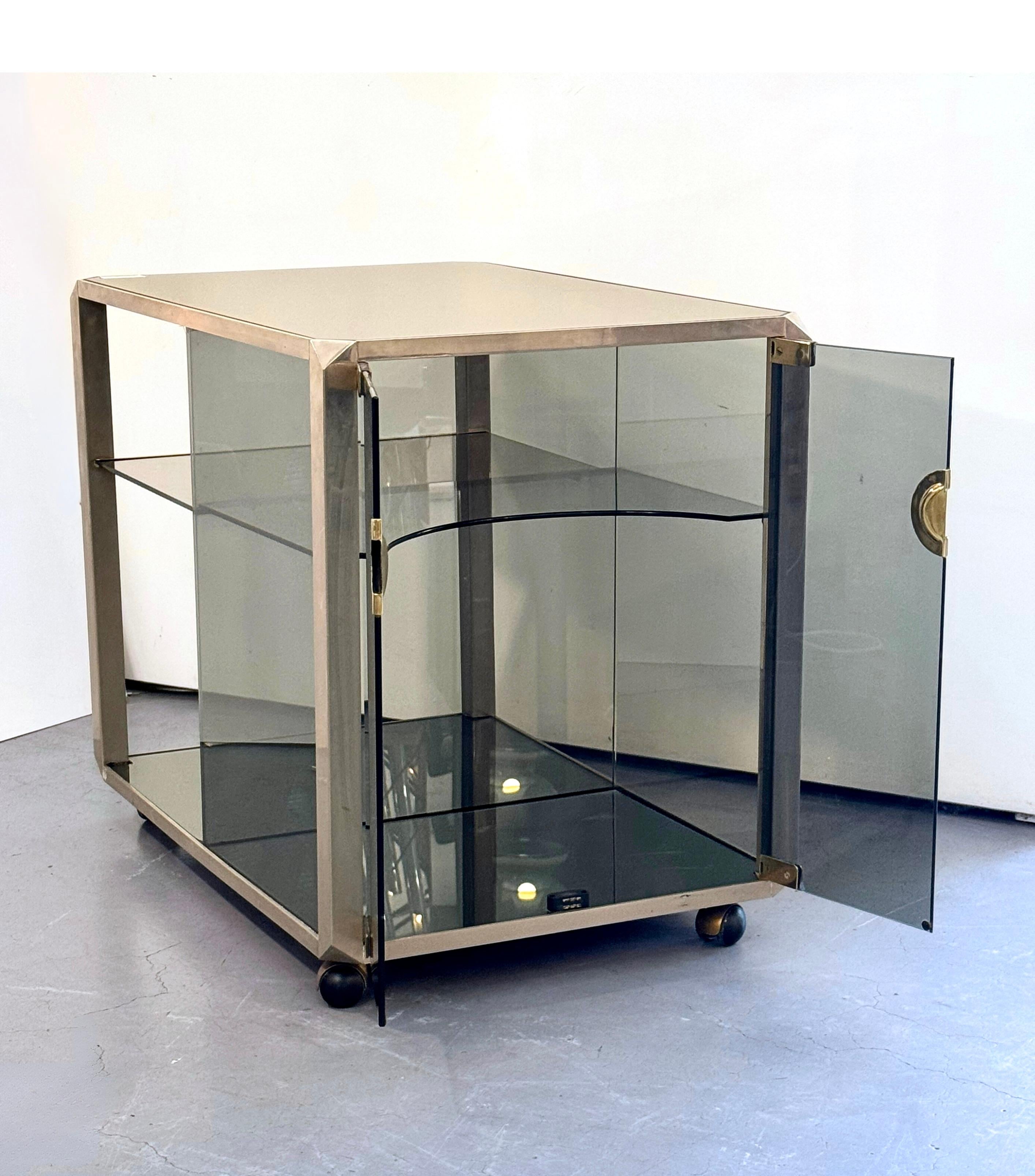 French Glass and Polished Steel Bar Cart Cabinet by Willy Rizzo for Mario Sabot