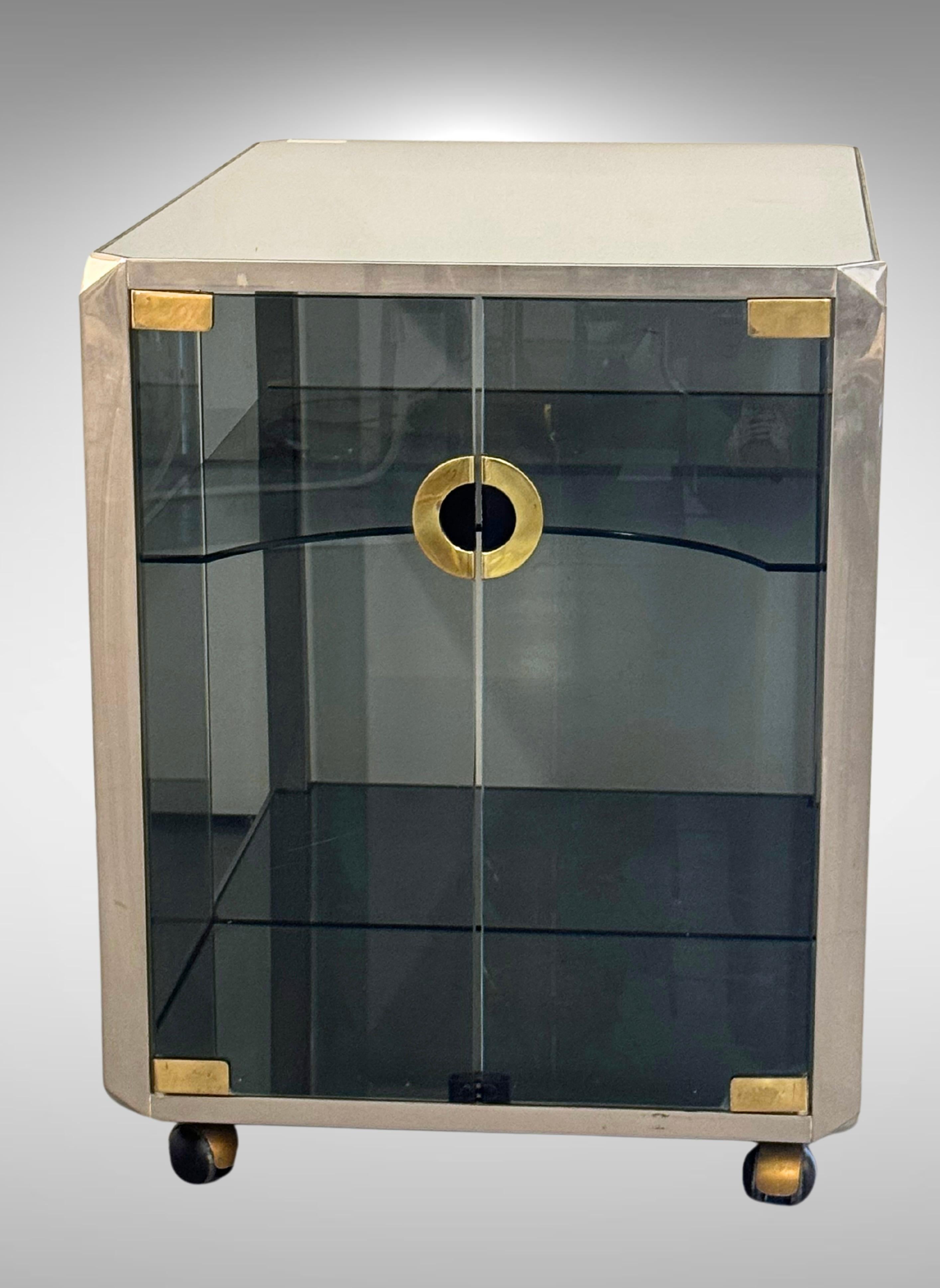 Brass Glass and Polished Steel Bar Cart Cabinet by Willy Rizzo for Mario Sabot