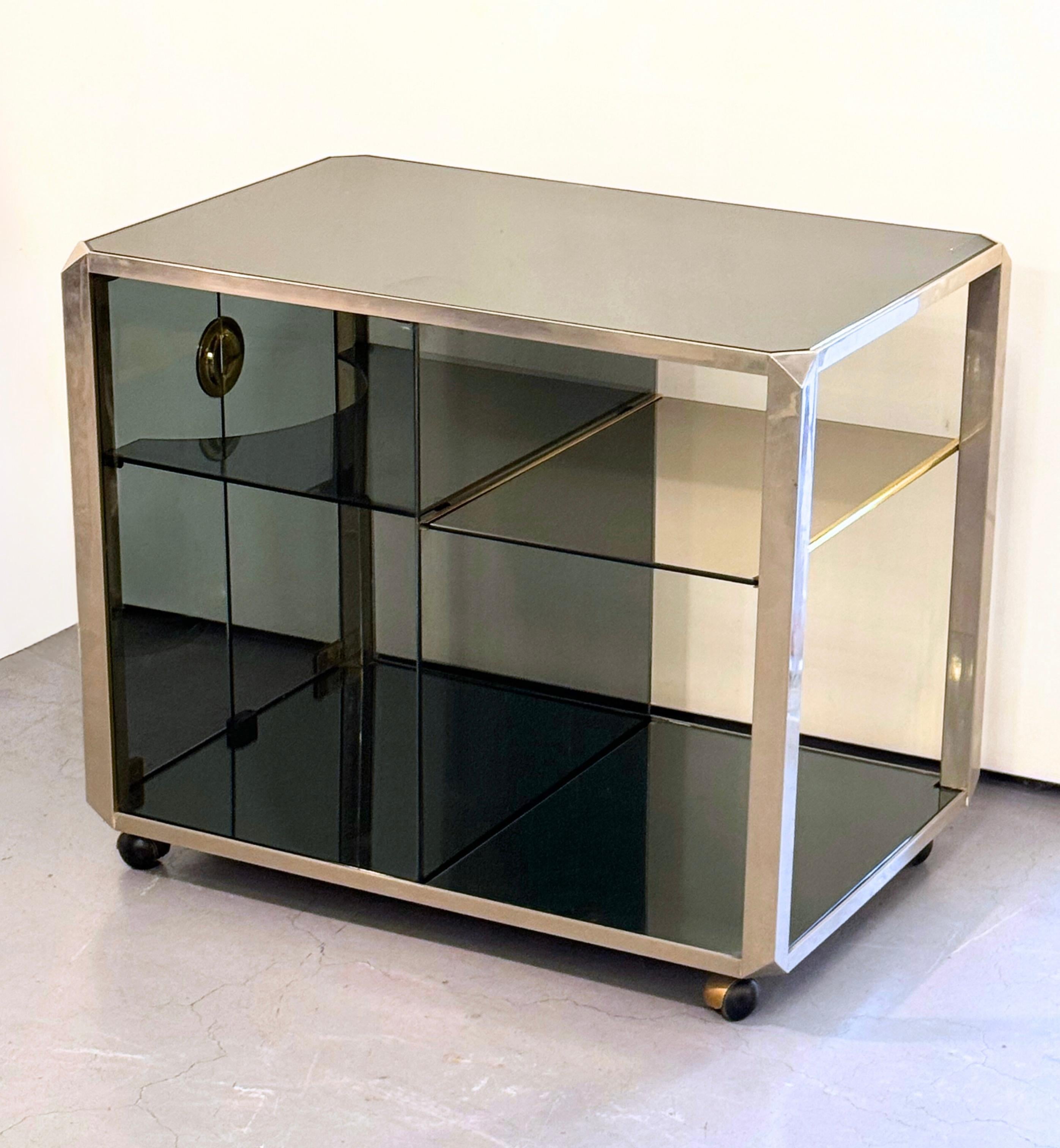 Glass and Polished Steel Bar Cart Cabinet by Willy Rizzo for Mario Sabot 2
