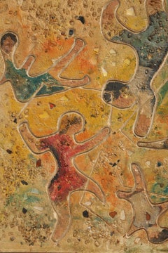 Glass and Polychrome Sand Mosaic Sculpture "Children at Play" Signed EC