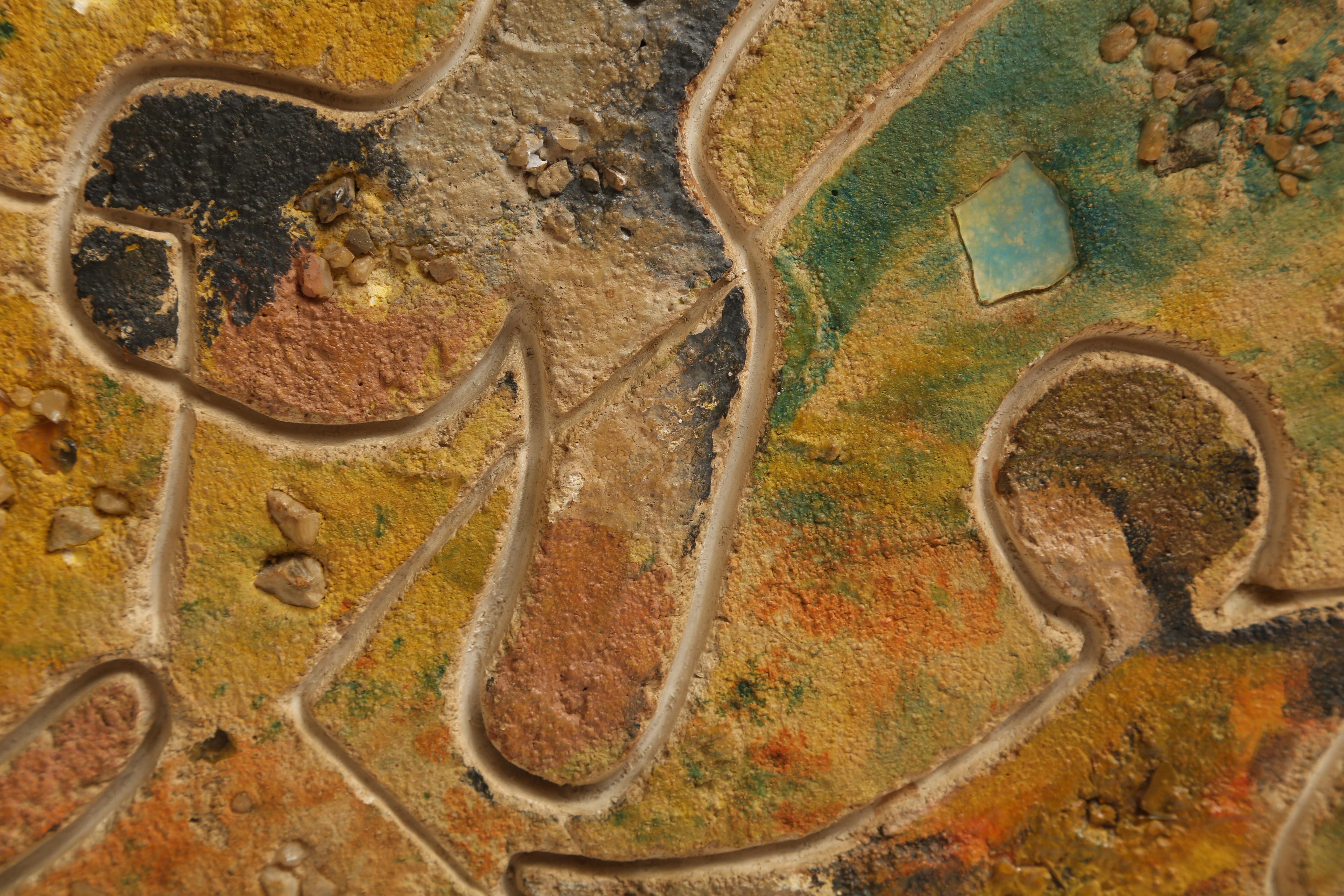Sculpture en verre et mosaïque de sable polychrome 