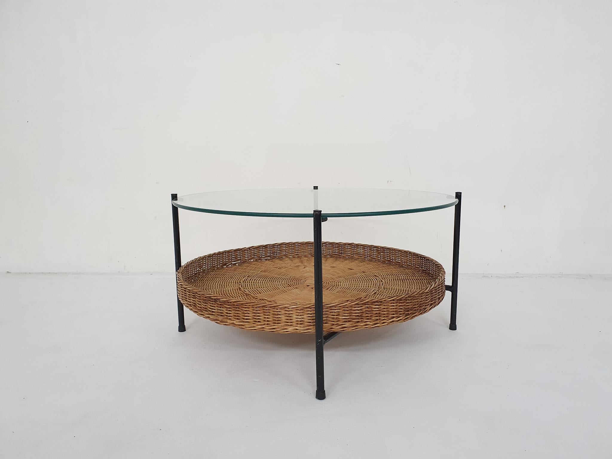 Metal Glass and Rattan Coffee Table in the Manor of Rudolf Wolff for Rohe Noordwolde For Sale