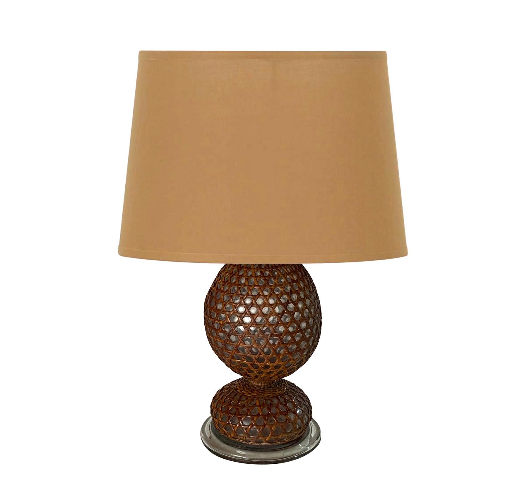 Glass and Rattan Table Lamp, Made in England, Brown Color, Circa 1970 For Sale 9