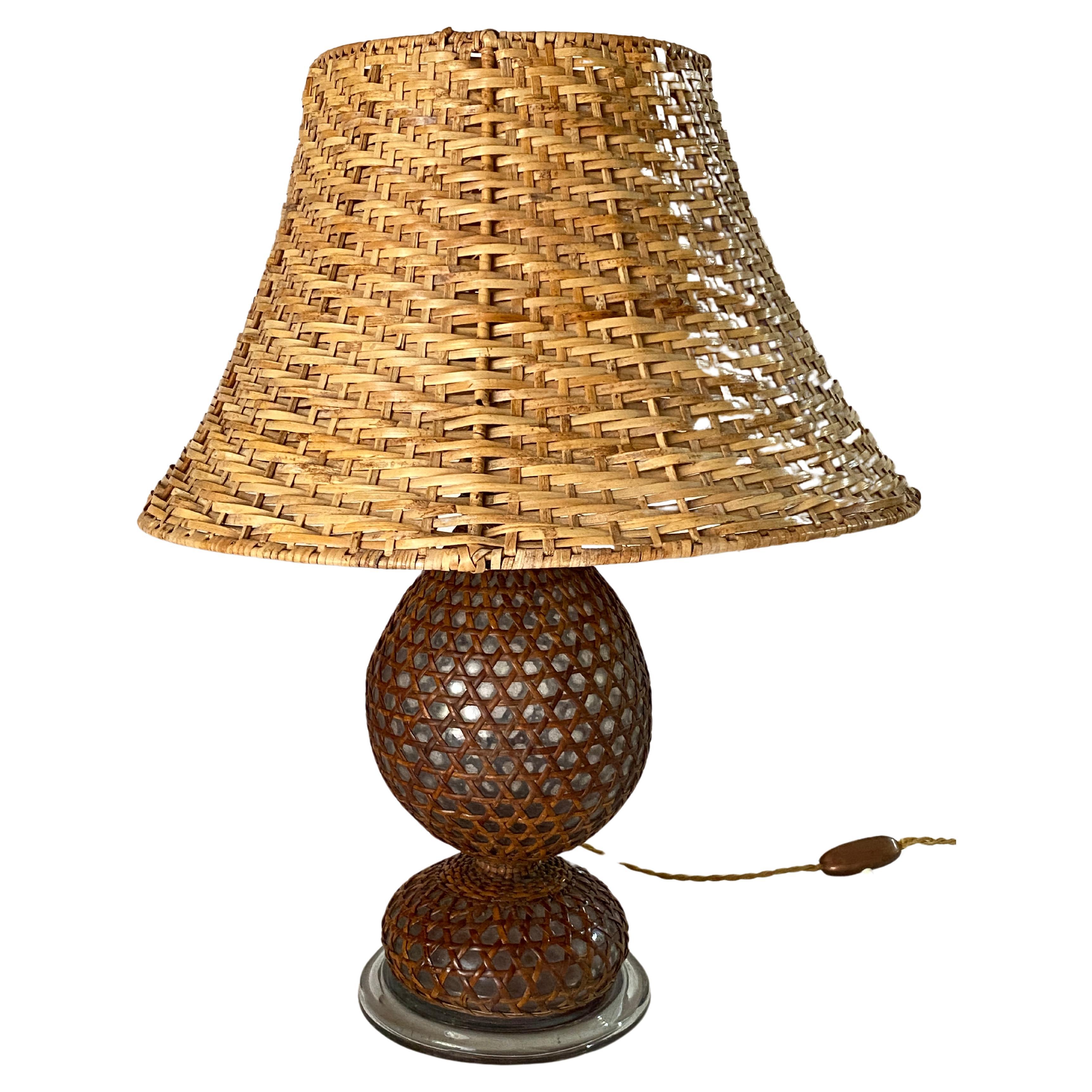 Glass and Rattan Table Lamp, Made in England, Brown Color, Circa 1970 For Sale 2