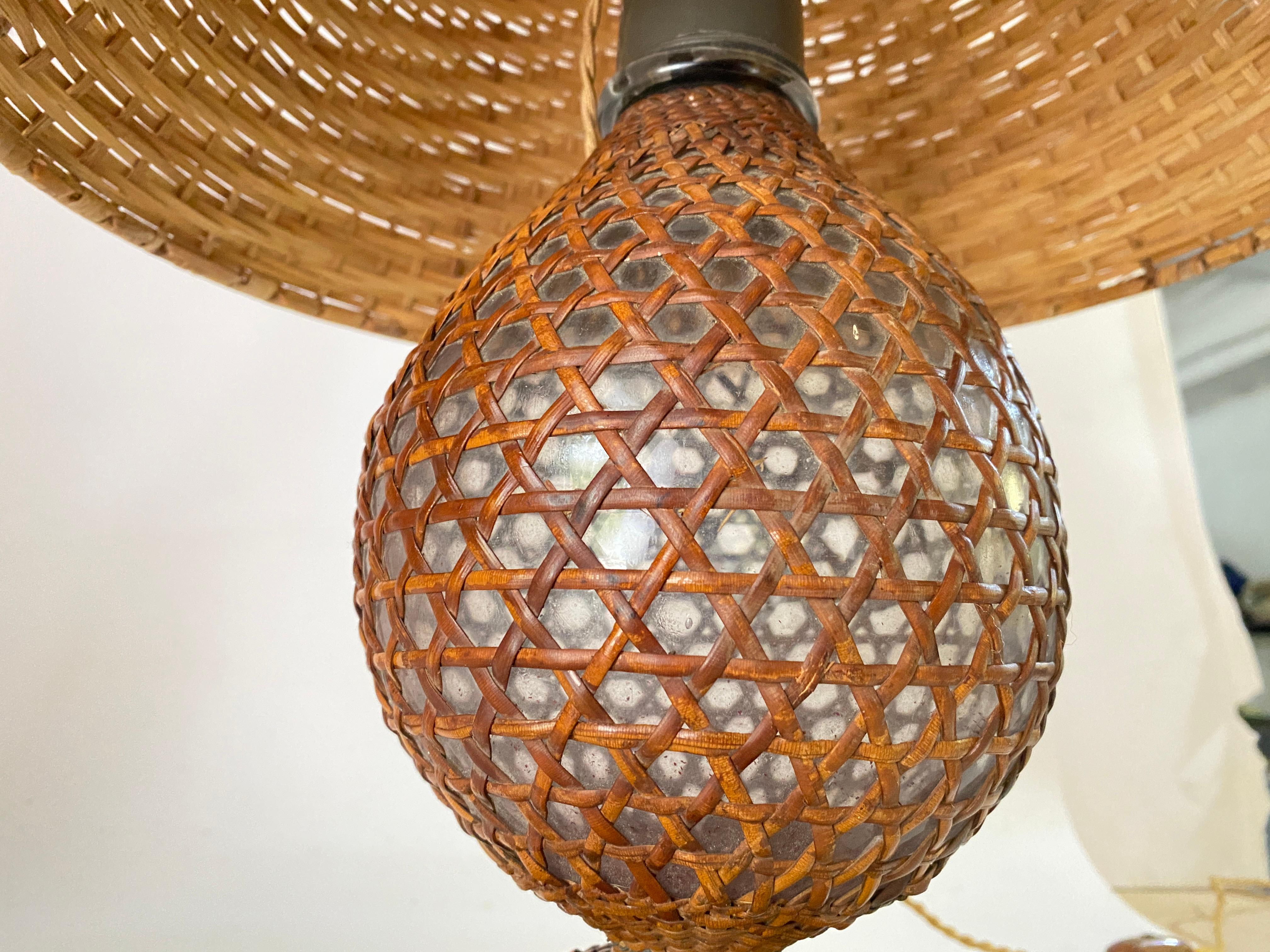 Glass and Rattan Table Lamp, Made in England, Brown Color, Circa 1970 For Sale 3