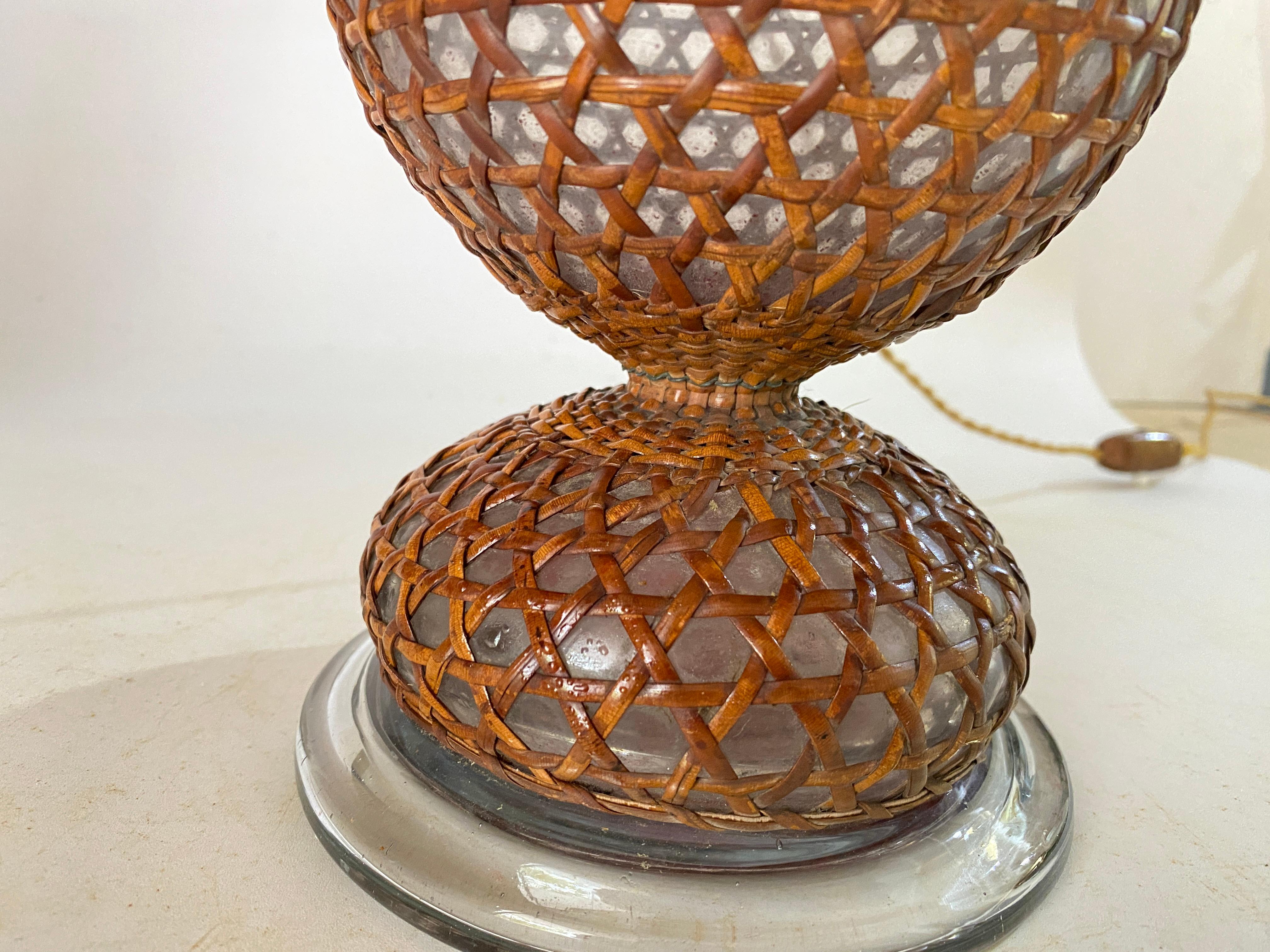 Glass and Rattan Table Lamp, Made in England, Brown Color, Circa 1970 For Sale 4