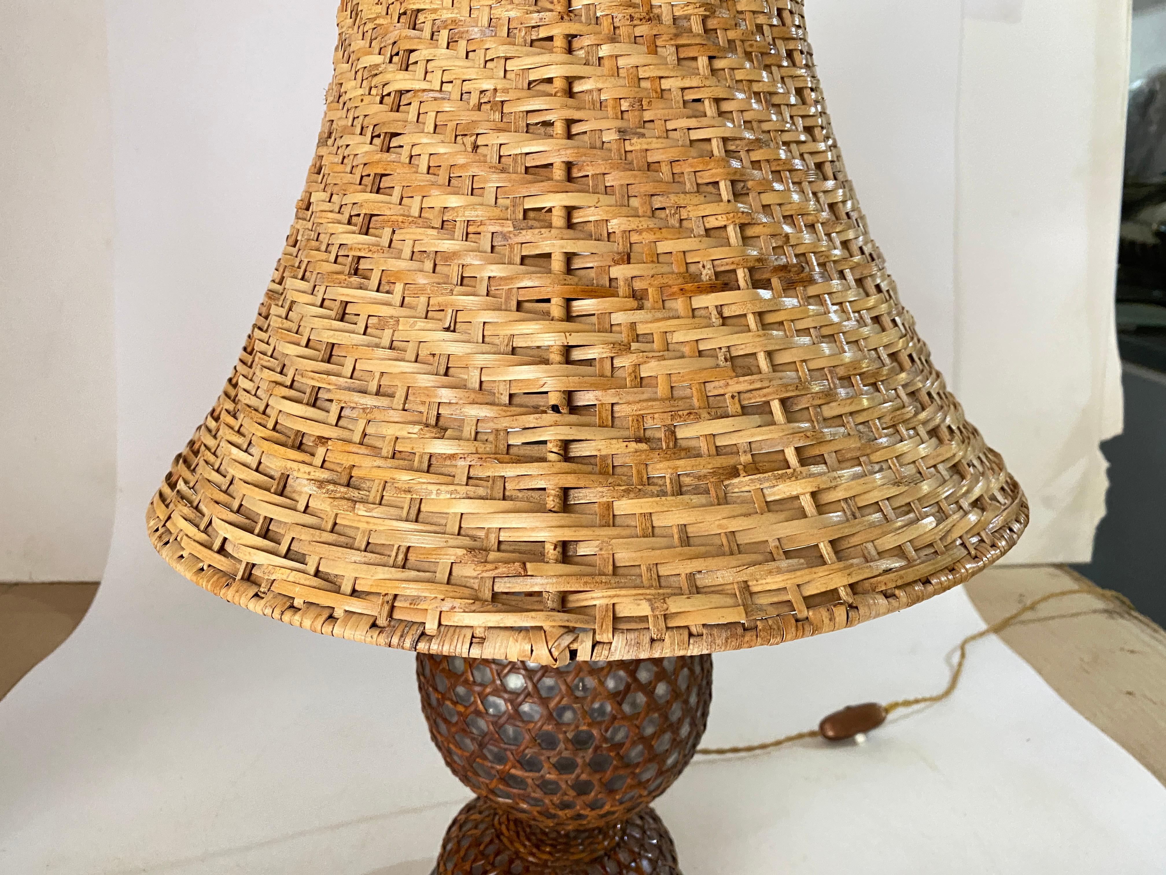 Glass and Rattan Table Lamp, Made in England, Brown Color, Circa 1970 For Sale 7