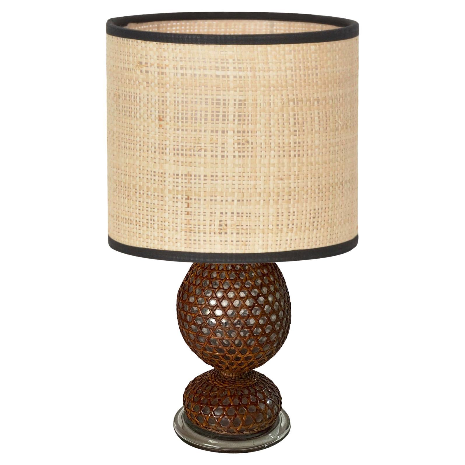 Late 20th Century Glass and Rattan Table Lamp, Made in England, Brown Color, Circa 1970 For Sale