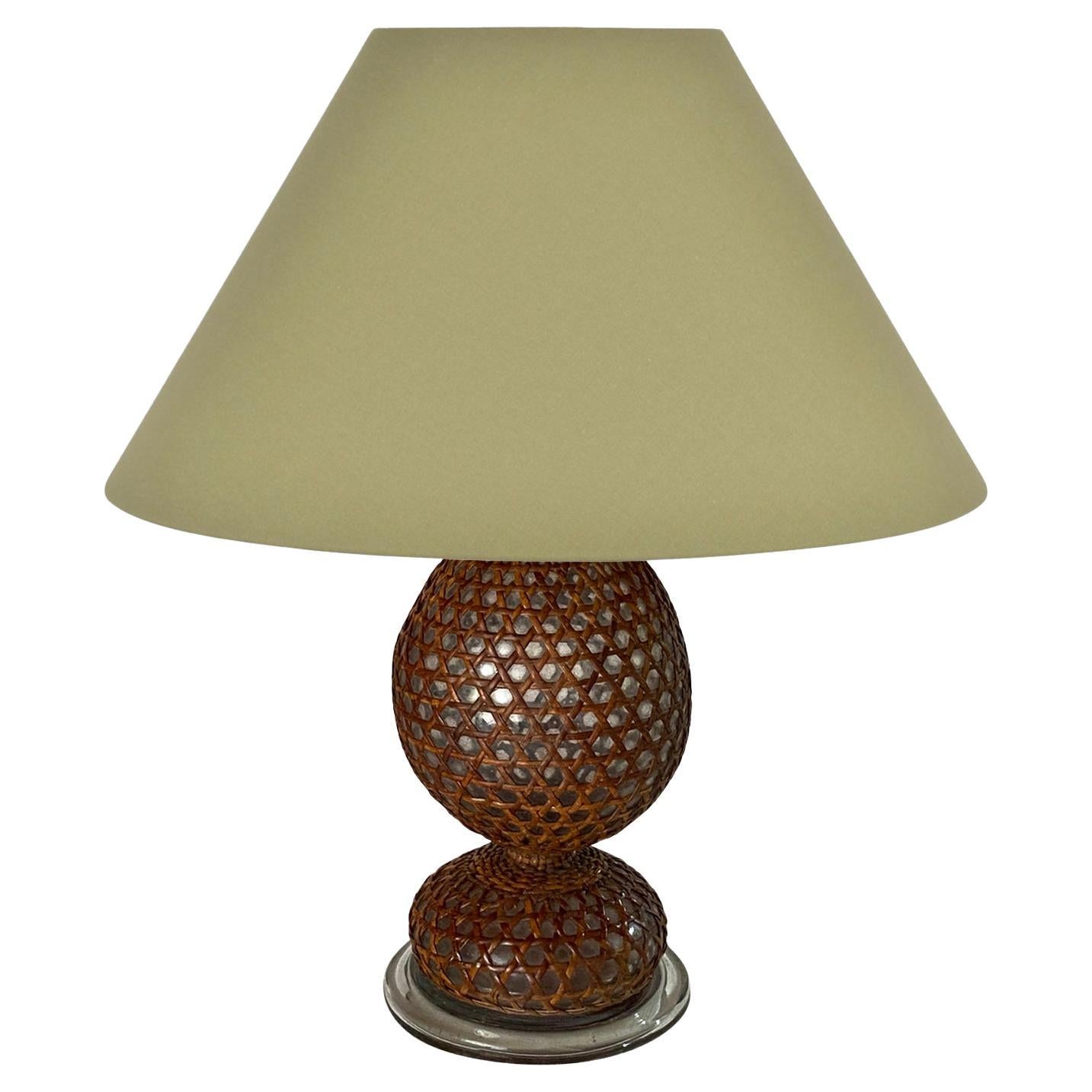 Glass and Rattan Table Lamp, Made in England, Brown Color, Circa 1970 In Good Condition For Sale In Auribeau sur Siagne, FR