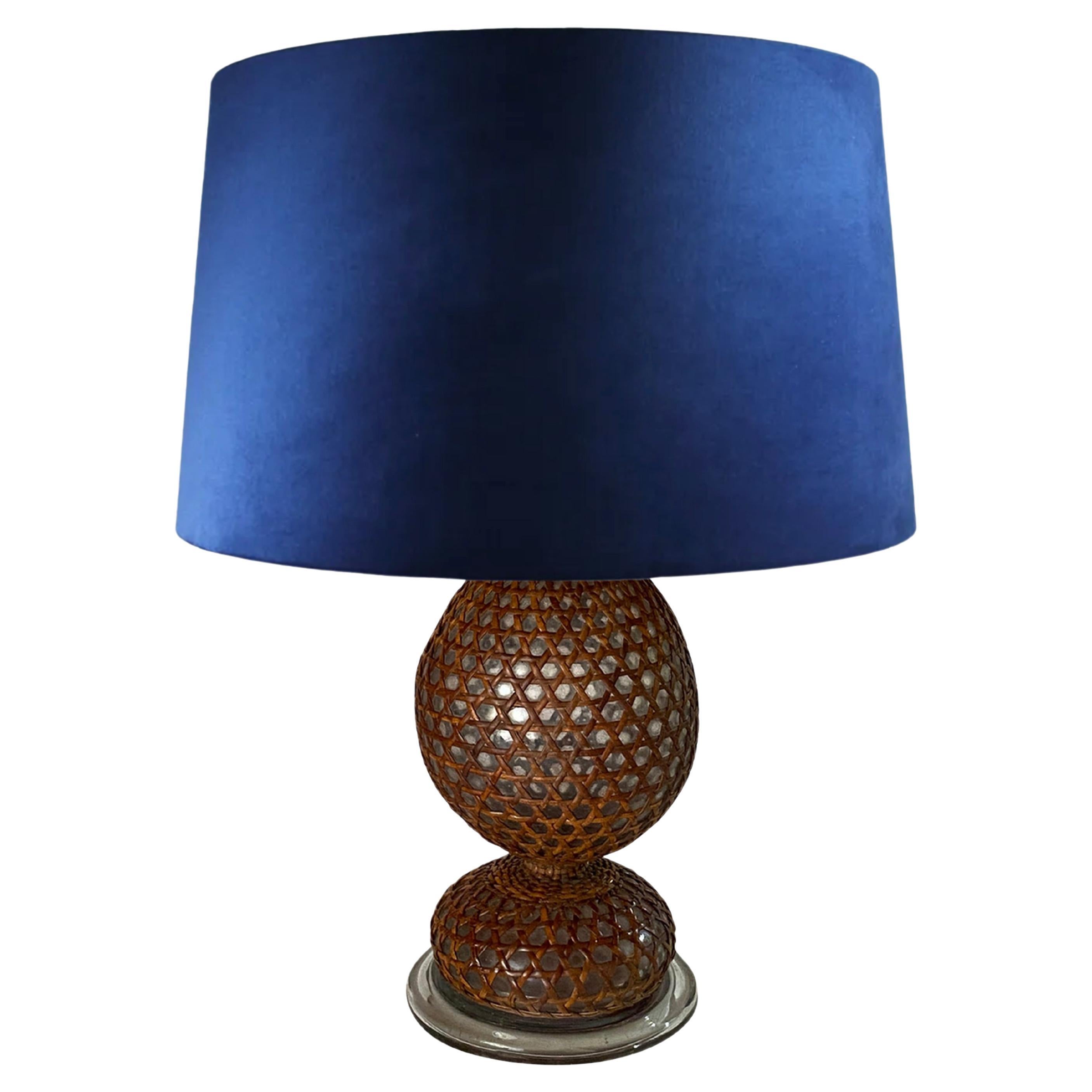 English Glass and Rattan Table Lamp, Made in England, Brown Color, Circa 1970 For Sale
