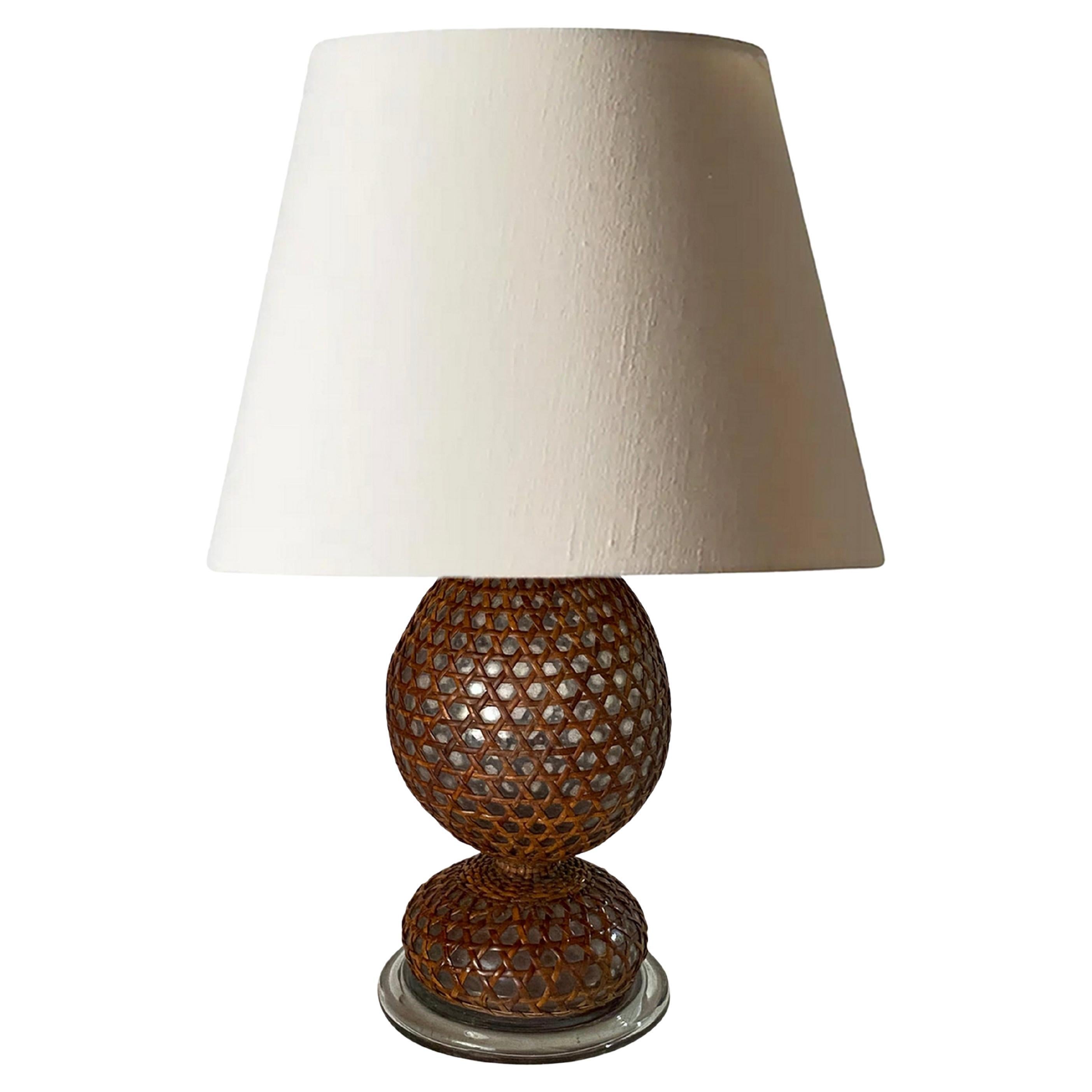 Glass and Rattan Table Lamp, Made in England, Brown Color, Circa 1970 For Sale