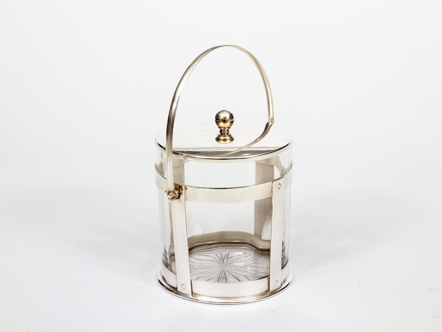 English glass and silver plate biscuit barrel in the Art Deco style, circa 1930s. Please note of wear consistent with age including patina. Made in England.