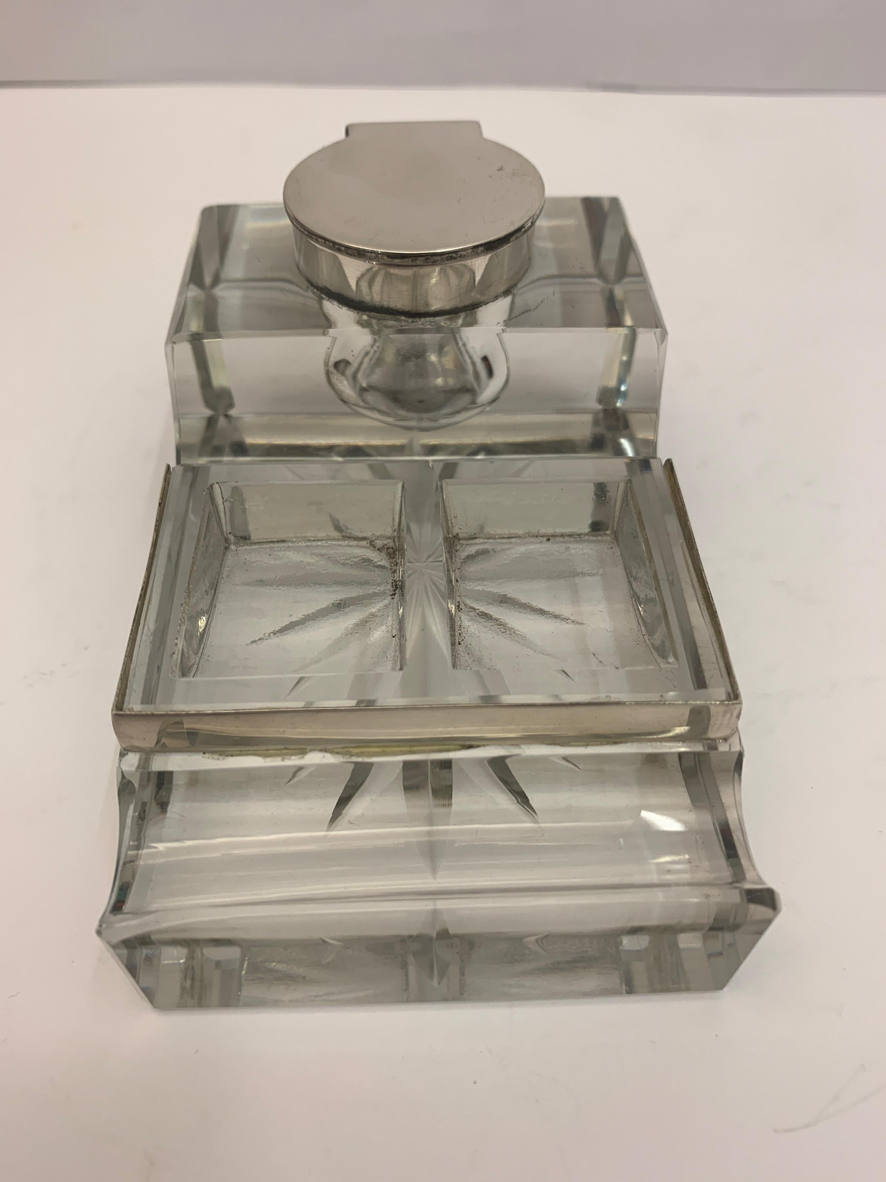 Glass and silver desk/inkwell with separate stamp holder section.