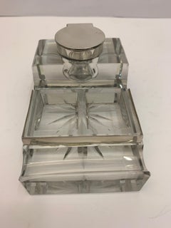 Glass and Silver Desk/Inkwell with Stamp Section