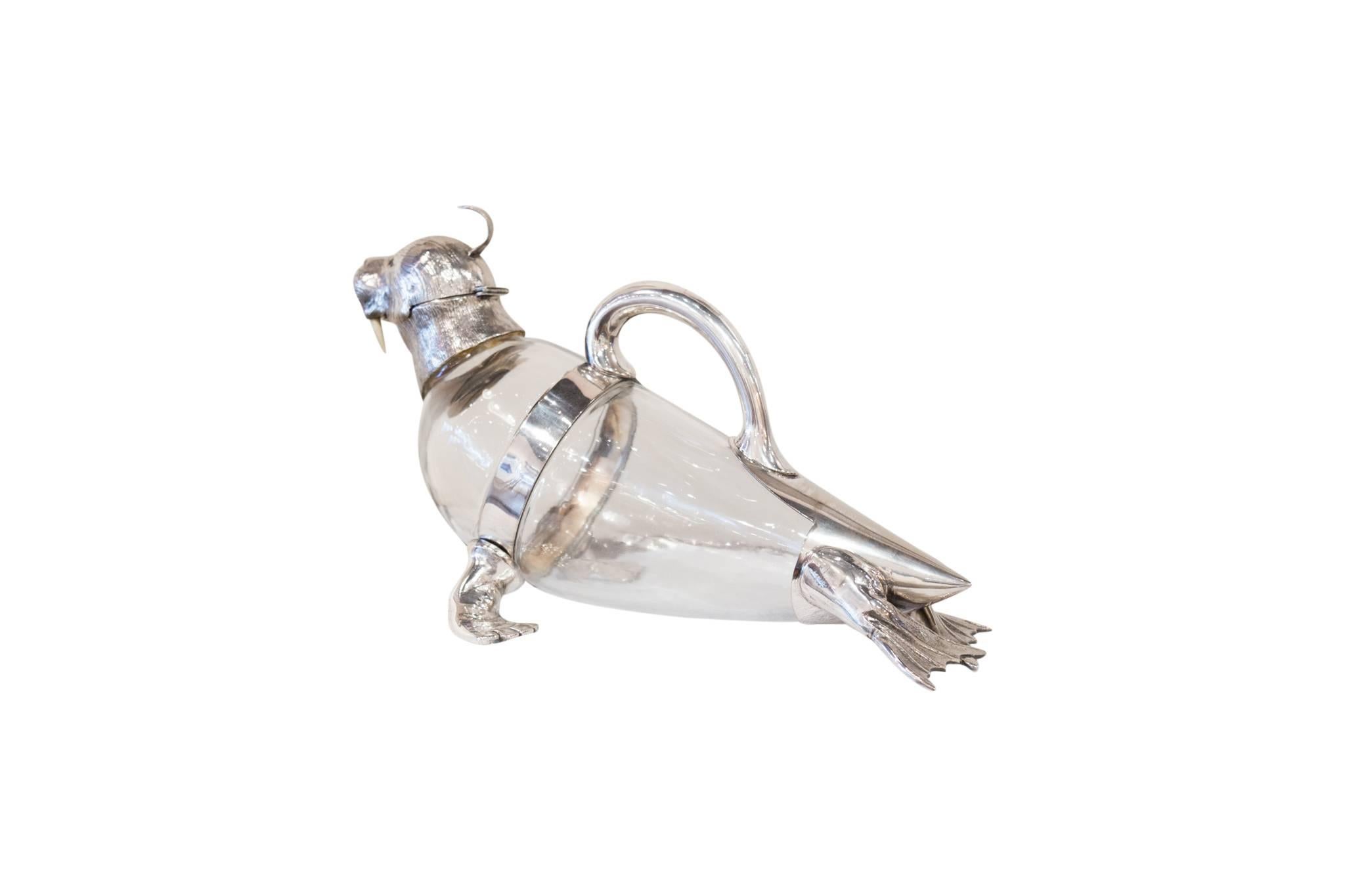 Glass and Silver Plated Walrus Claret Jug, circa 1930 In Excellent Condition In Aspen, CO