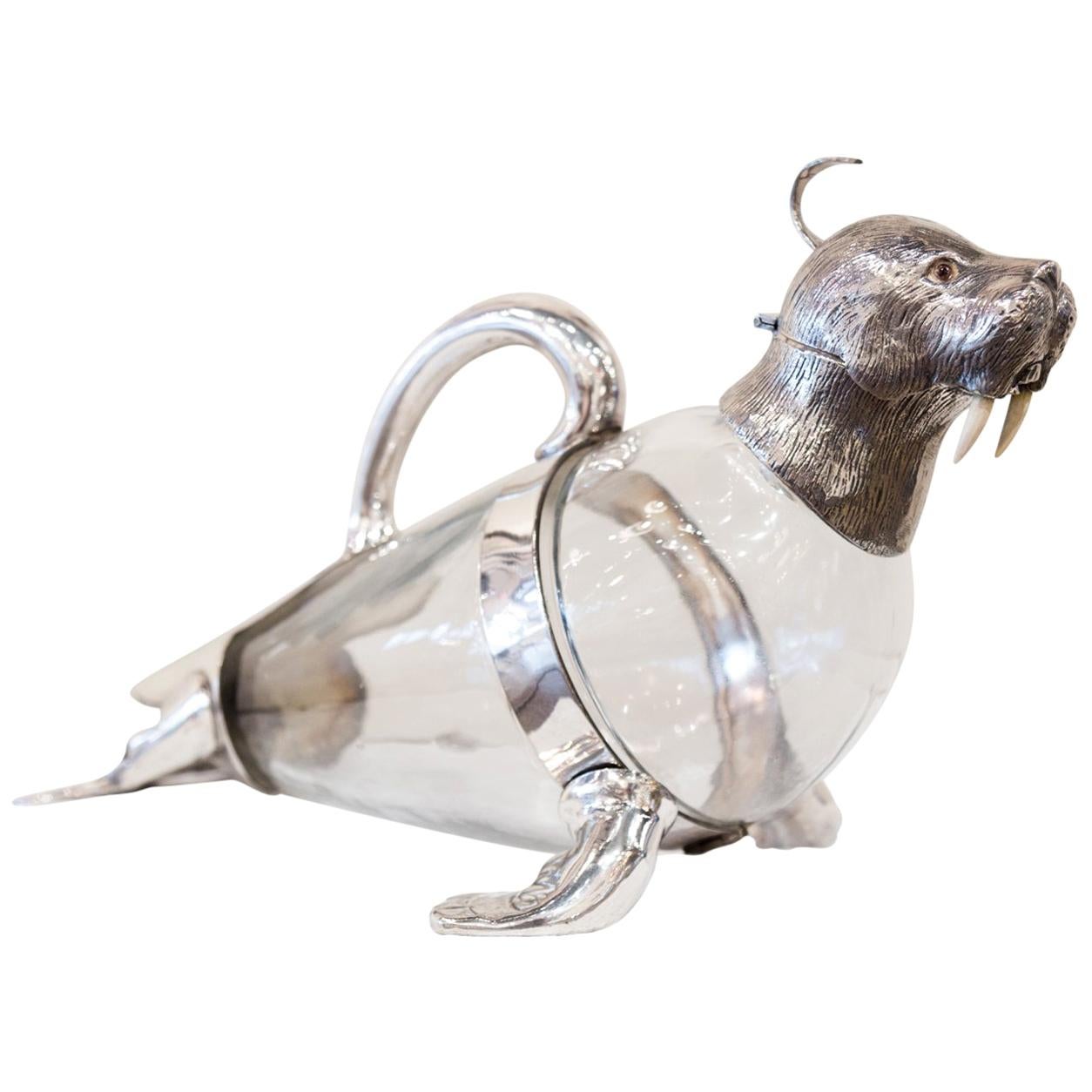 Glass and Silver Plated Walrus Claret Jug, circa 1930