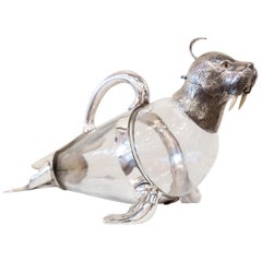 Vintage Glass and Silver Plated Walrus Claret Jug, circa 1930