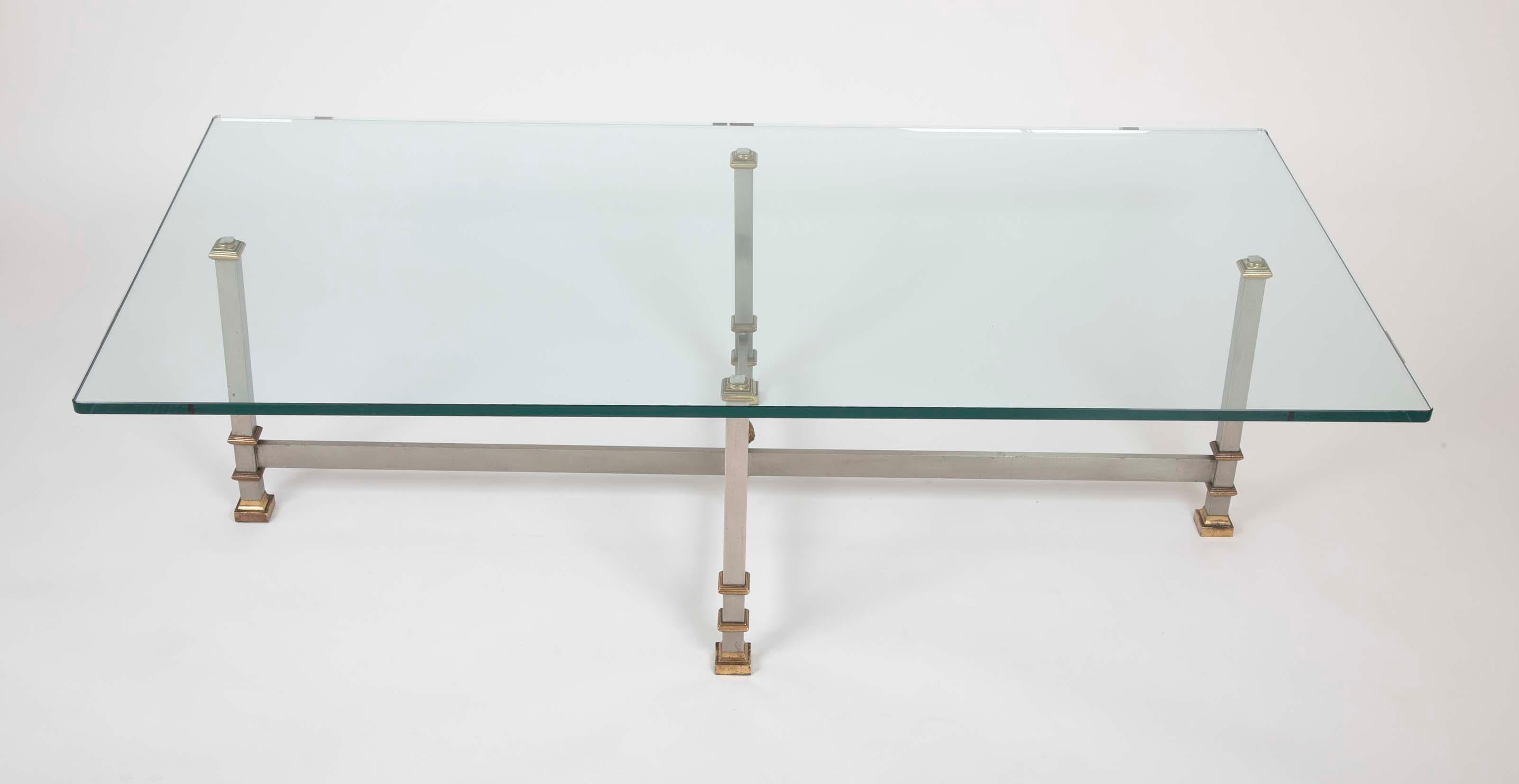 Neoclassical Revival Glass and Steel Coffee Table with Brass Mounts Attributed to Maison Jansen