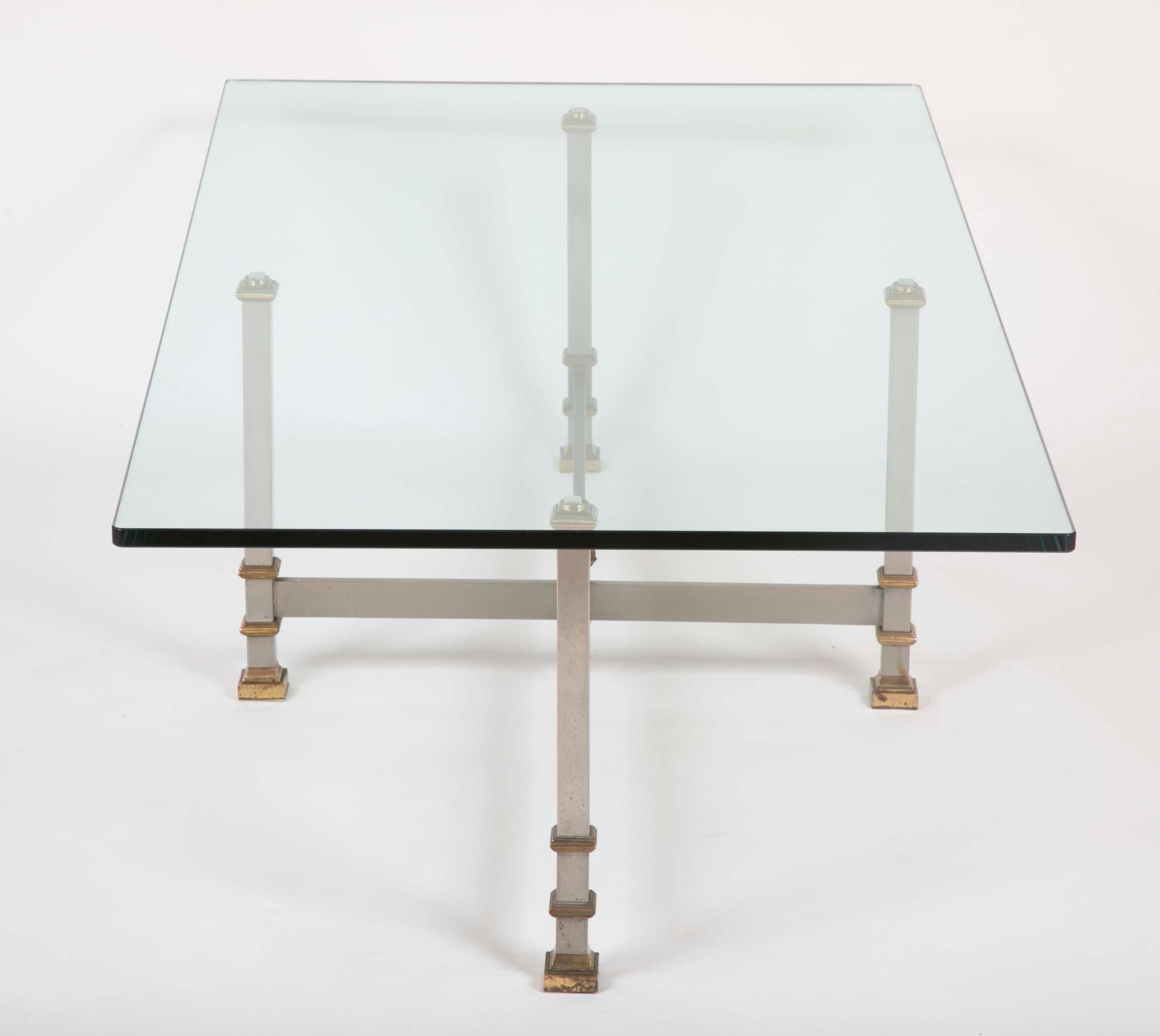 Glass and Steel Coffee Table with Brass Mounts Attributed to Maison Jansen 1