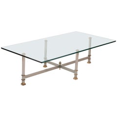 Glass and Steel Coffee Table with Brass Mounts Attributed to Maison Jansen