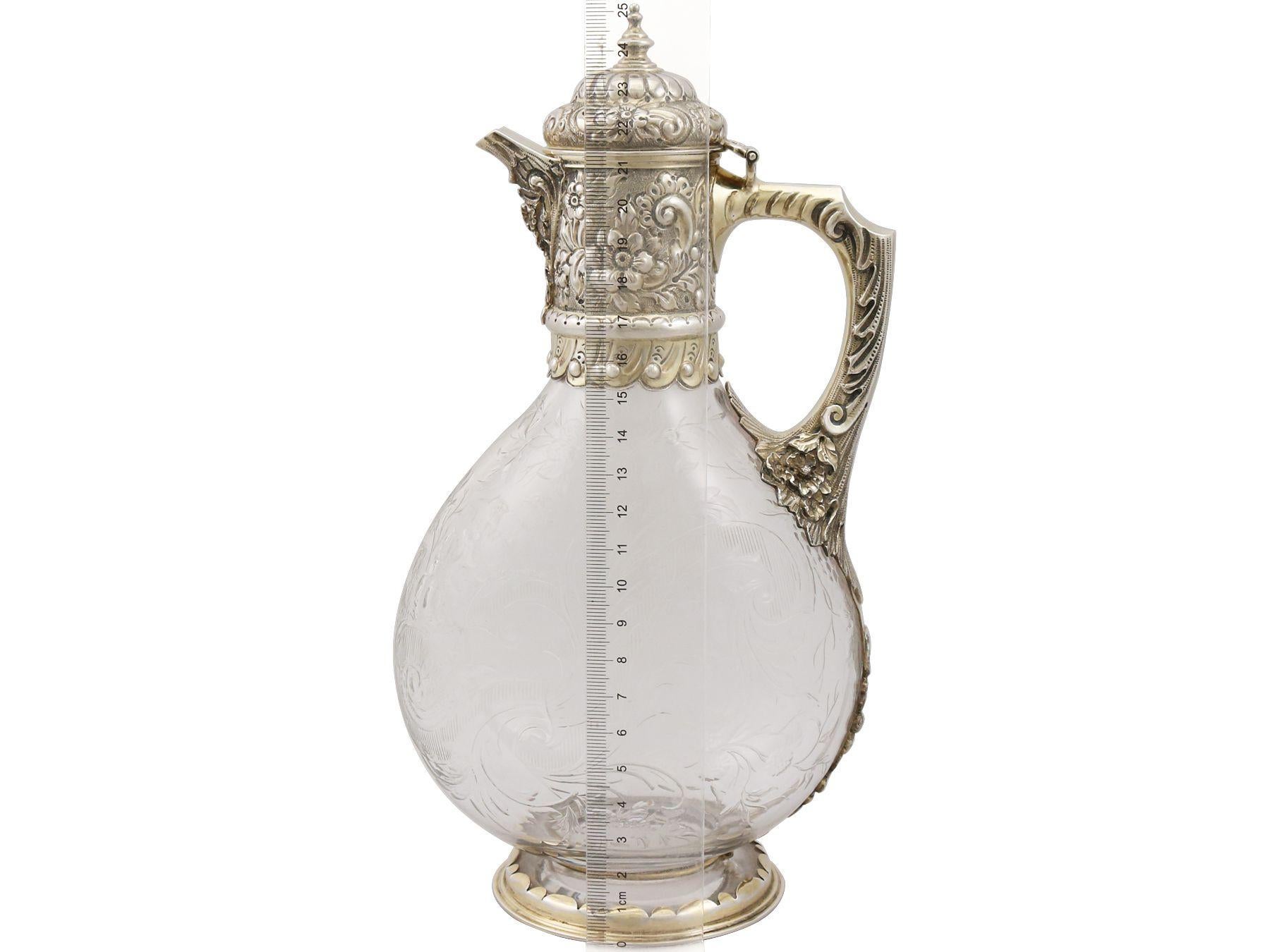 Glass and Sterling Silver Gilt Mounted Claret Jug, Antique Victorian, '1890' 10