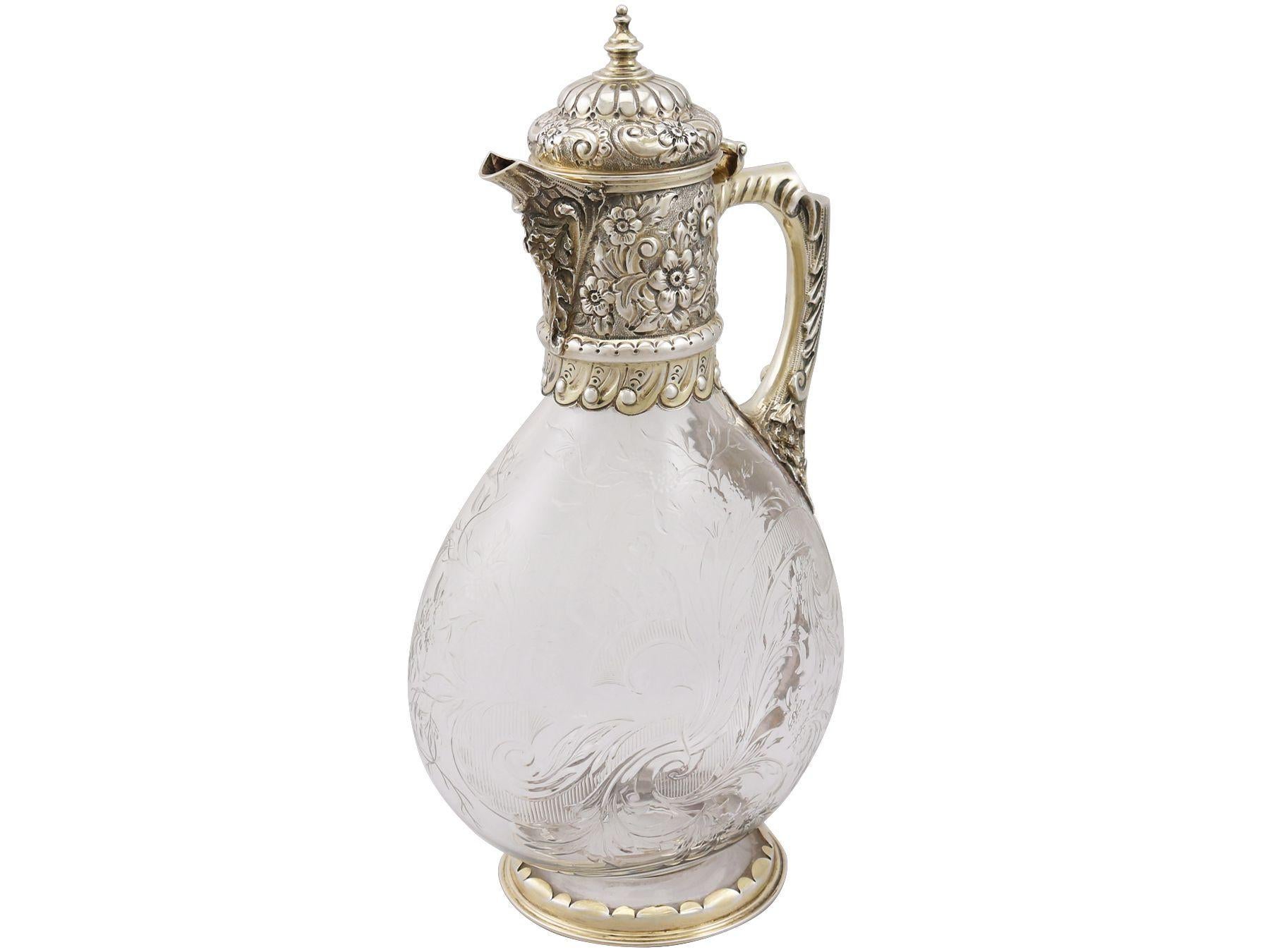 English Glass and Sterling Silver Gilt Mounted Claret Jug, Antique Victorian, '1890'