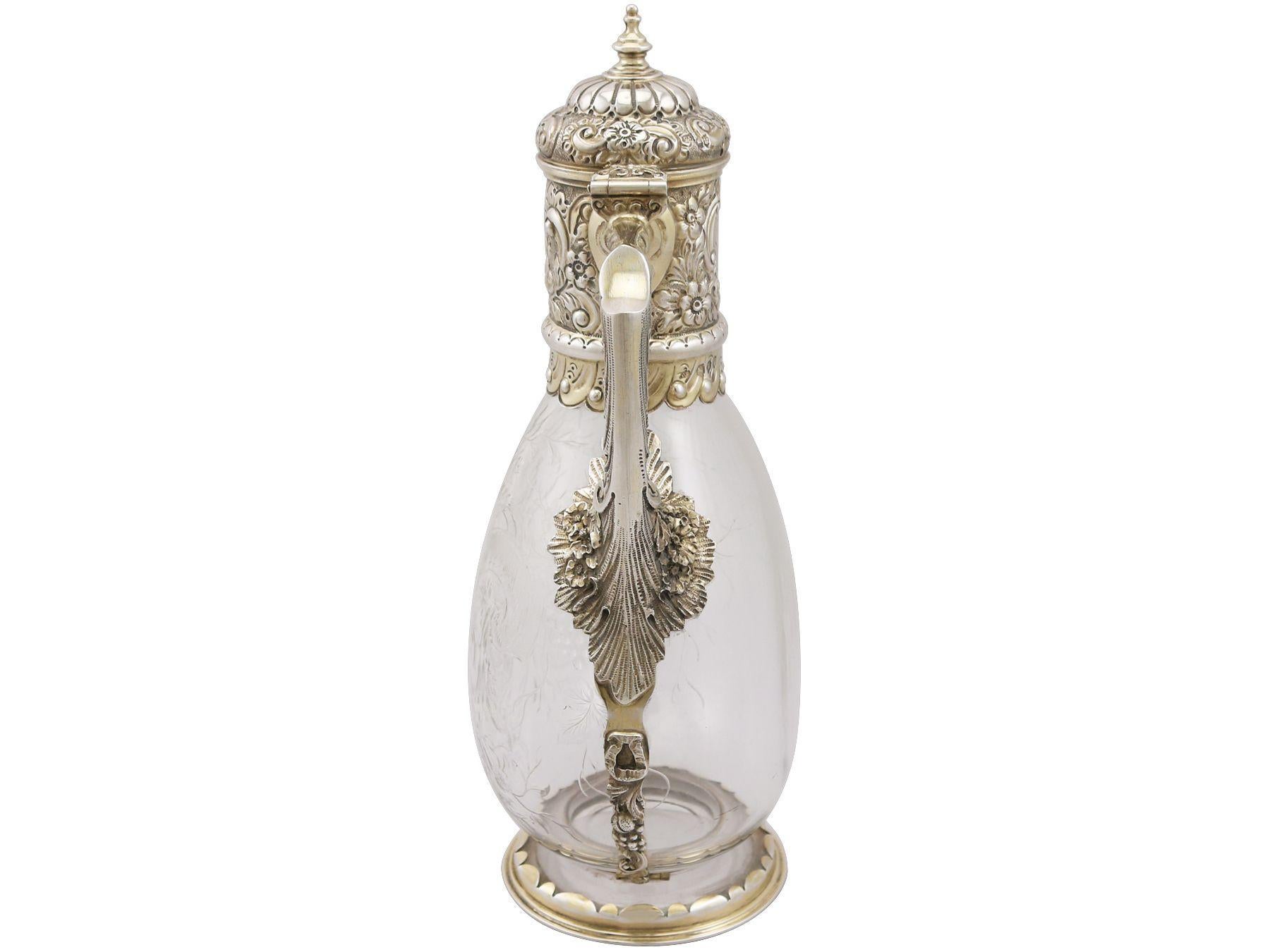 Late 19th Century Glass and Sterling Silver Gilt Mounted Claret Jug, Antique Victorian, '1890'