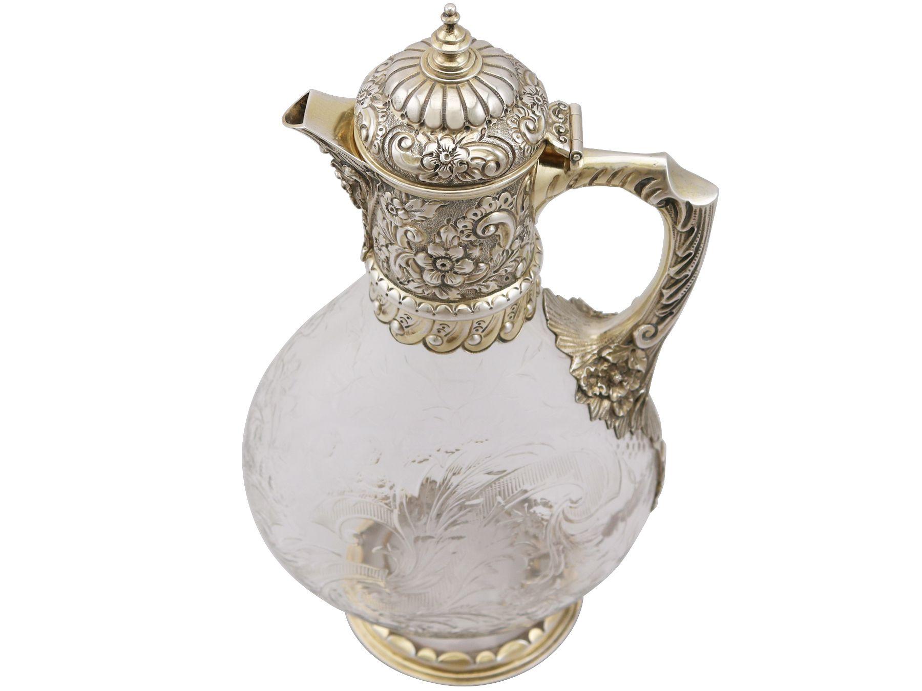 Glass and Sterling Silver Gilt Mounted Claret Jug, Antique Victorian, '1890' 1
