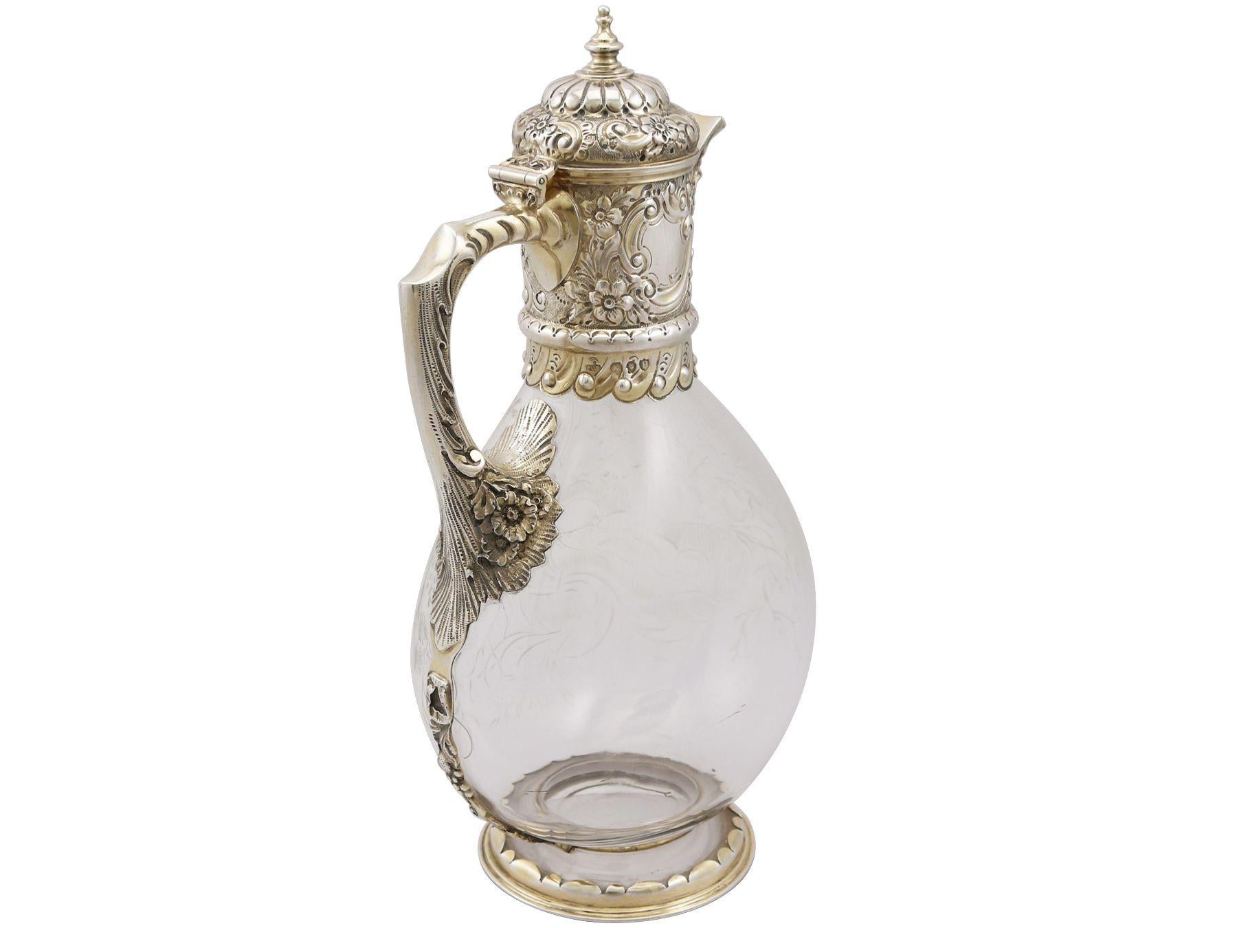Glass and Sterling Silver Gilt Mounted Claret Jug, Antique Victorian, '1890' 3