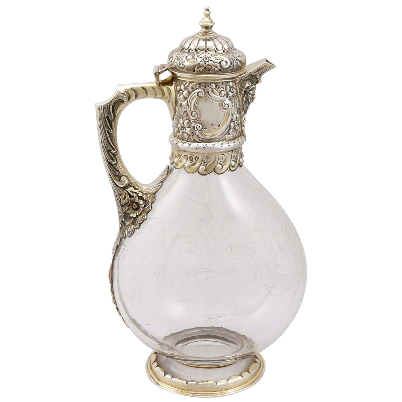 Glass and Sterling Silver Gilt Mounted Claret Jug, Antique Victorian, '1890'