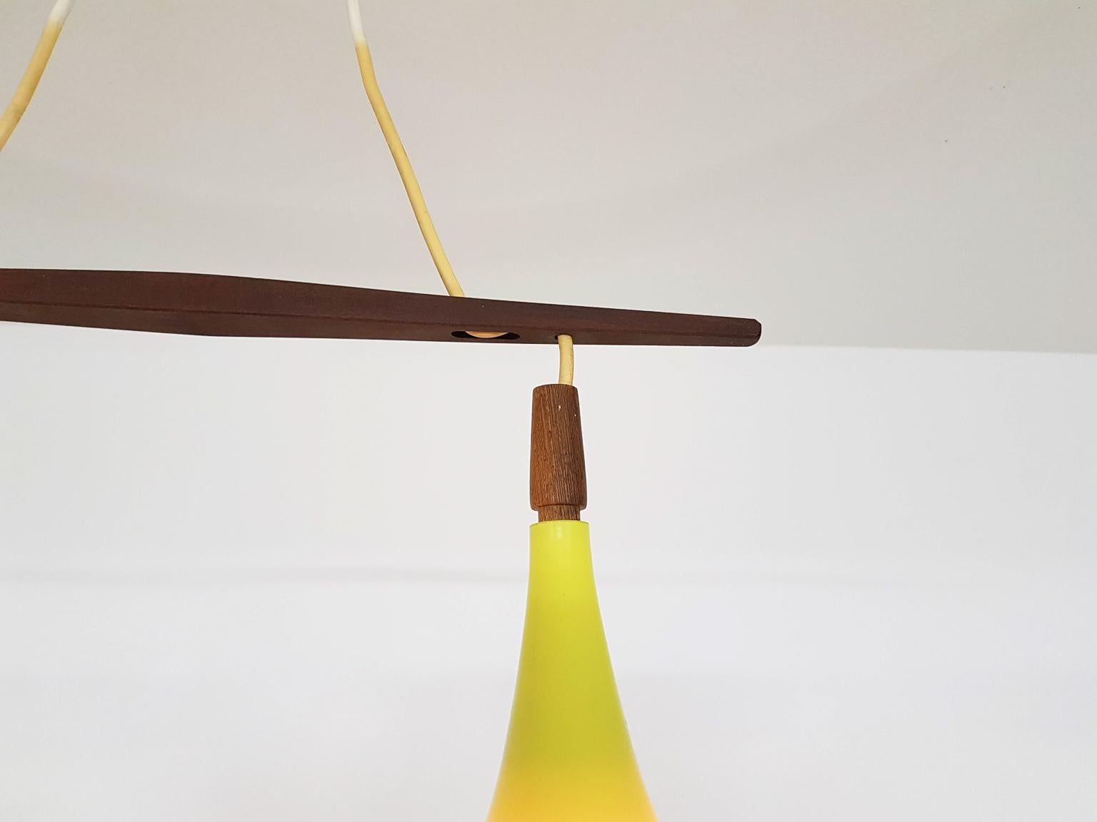 Glass and Teak Chandelier or Pendant by Kastrup Holmegaard, Denmark, 1960s In Good Condition In Amsterdam, NL