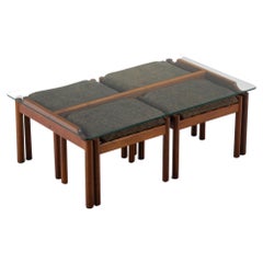 Glass and Teak Coffee Table with Four Nesting Stools Attributed to Jorgen 
