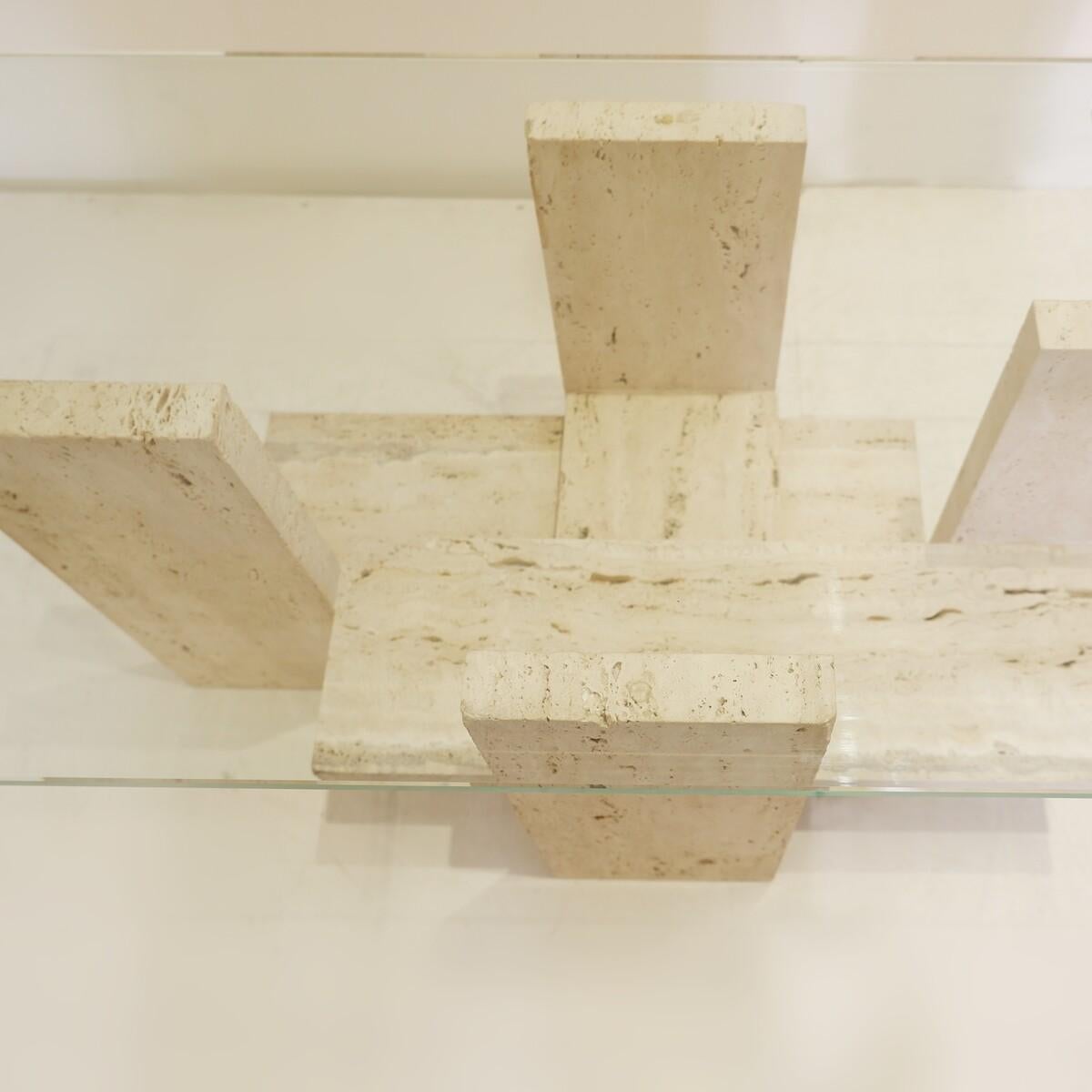 Glass and Travertine Coffee Table by Willy Ballez, 1970s For Sale 4